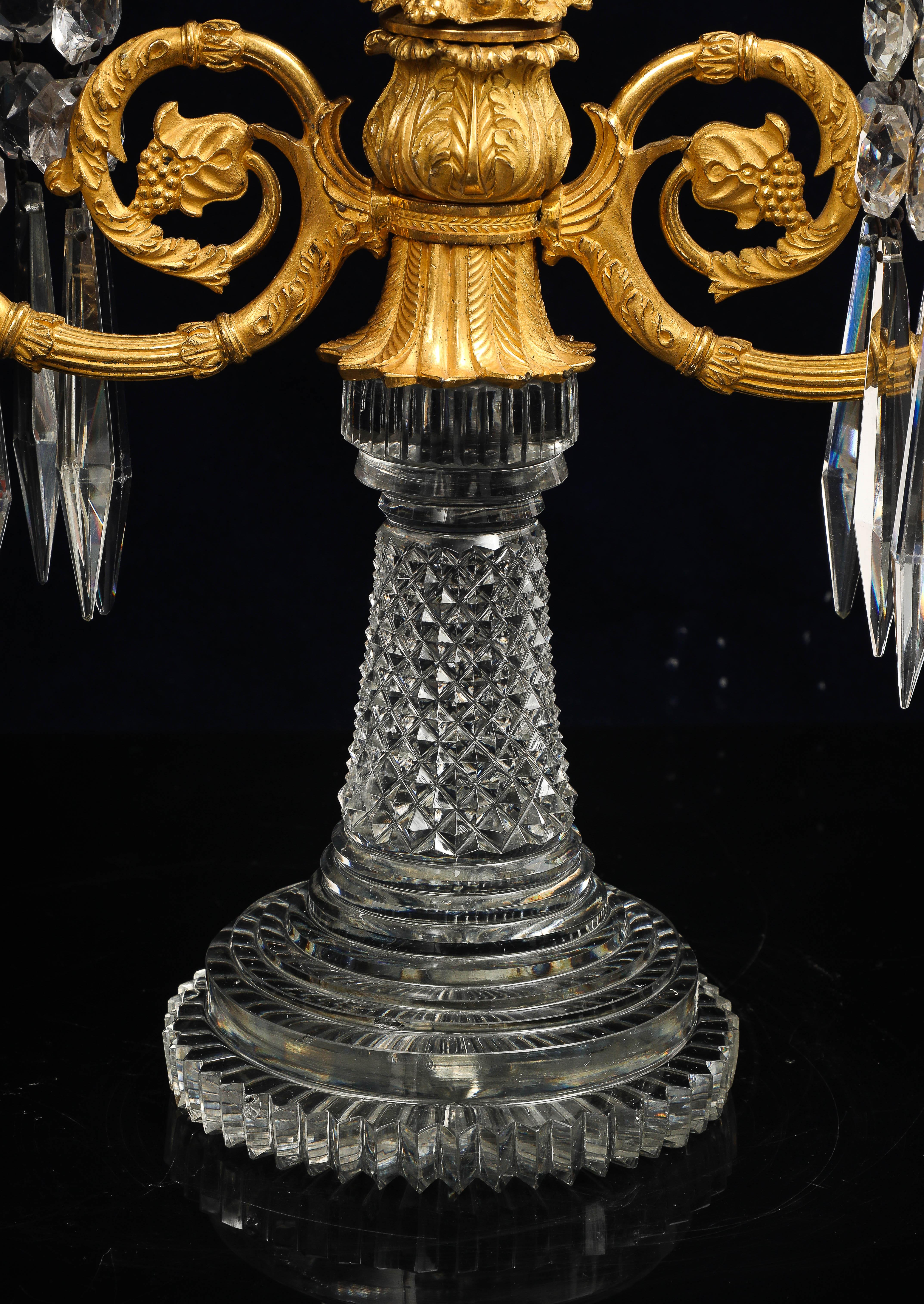 Pair Regency Crystal & Gilt Bronze Two-Light Candelabra, Attributed John Blades For Sale 8