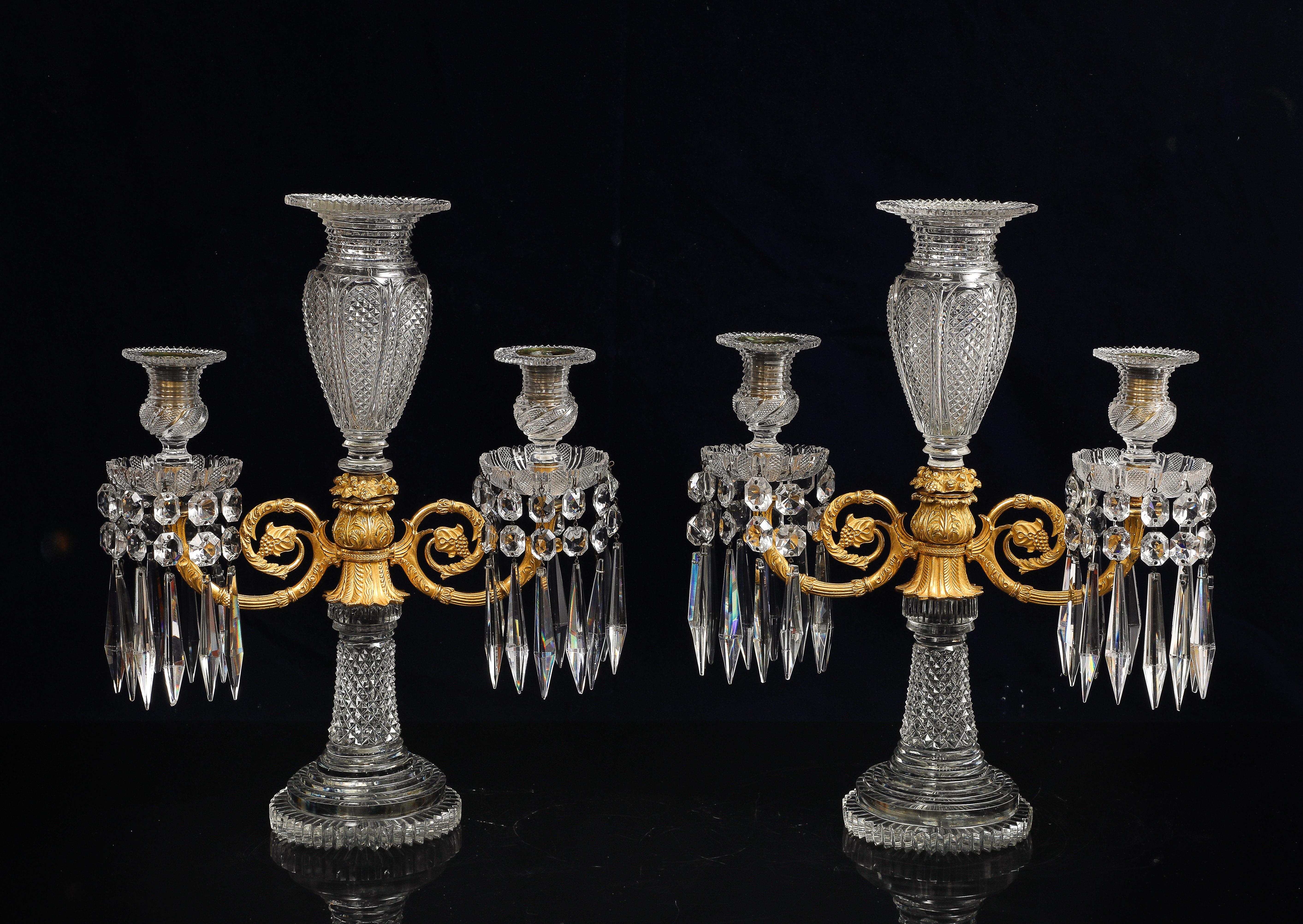 English Pair Regency Crystal & Gilt Bronze Two-Light Candelabra, Attributed John Blades For Sale