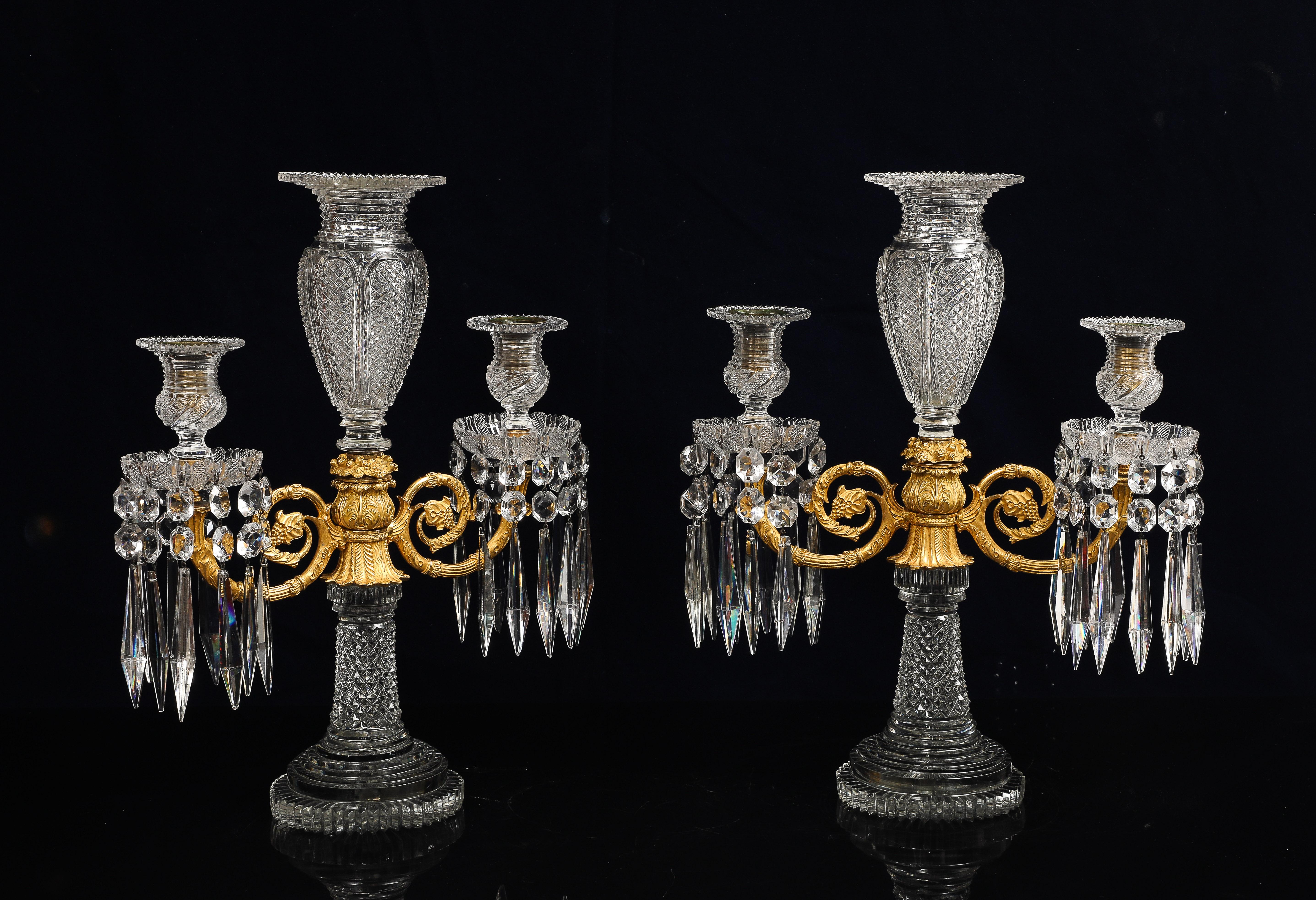 Hand-Carved Pair Regency Crystal & Gilt Bronze Two-Light Candelabra, Attributed John Blades For Sale