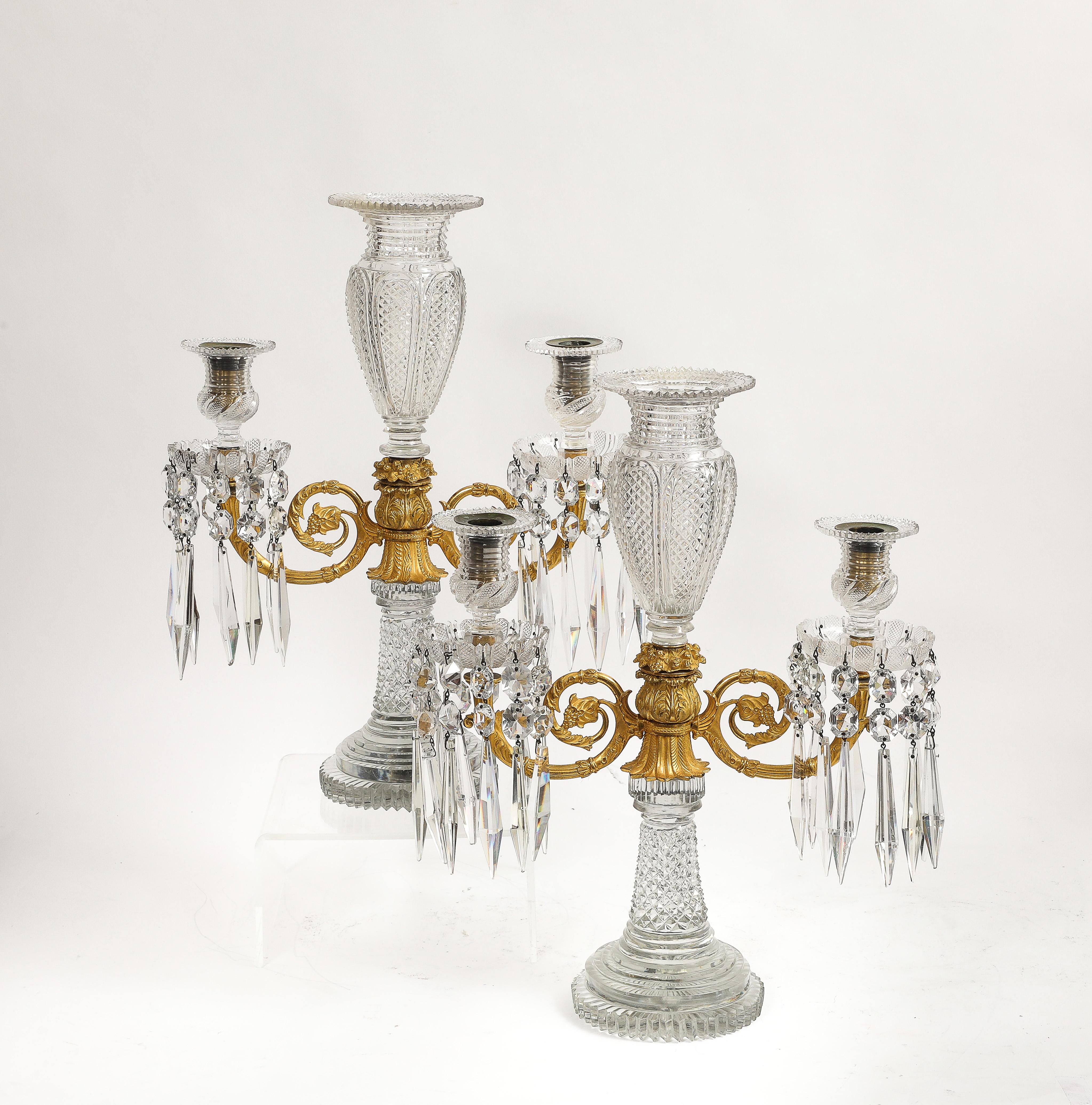 Pair Regency Crystal & Gilt Bronze Two-Light Candelabra, Attributed John Blades In Good Condition For Sale In New York, NY