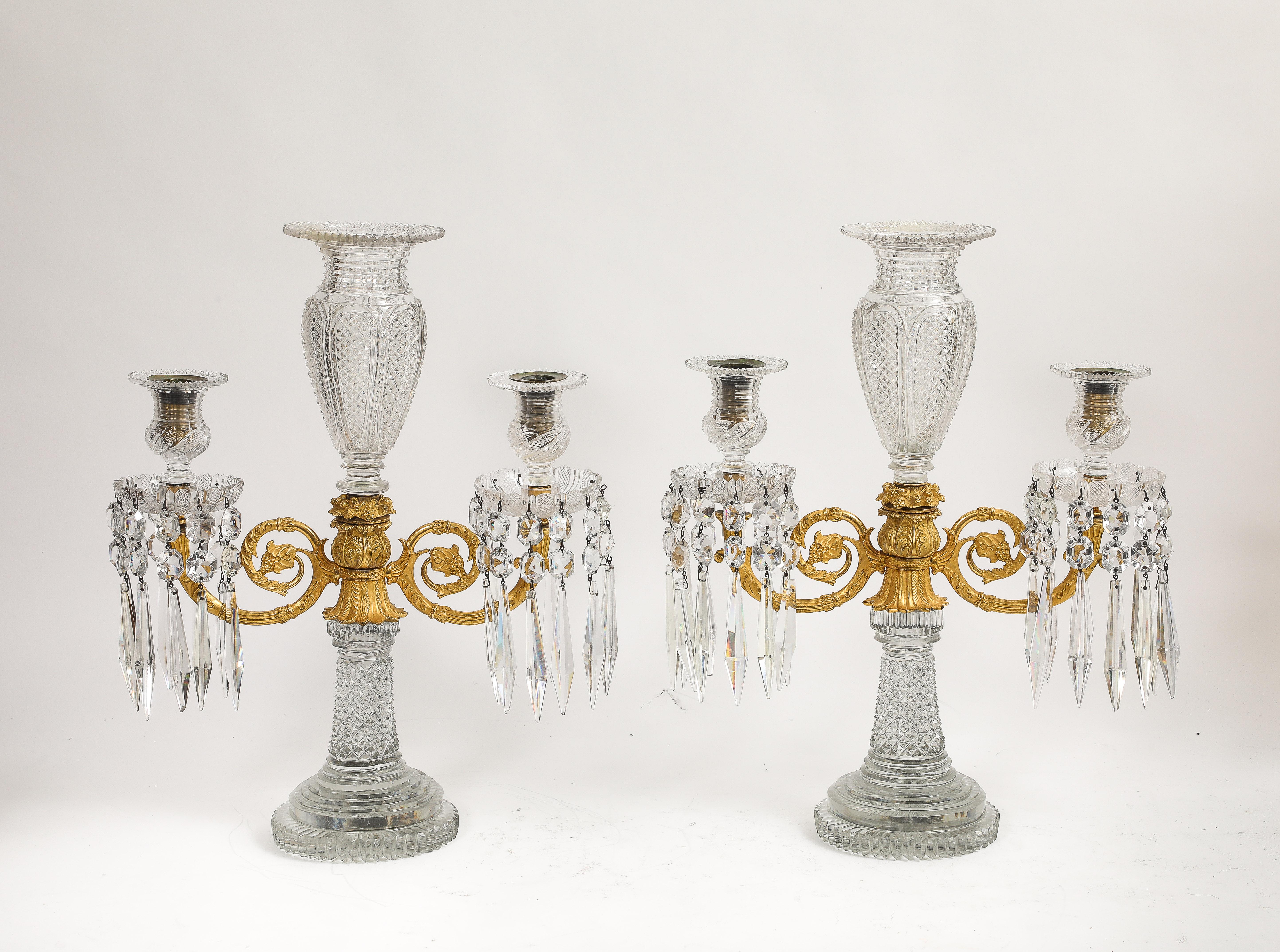 Early 19th Century Pair Regency Crystal & Gilt Bronze Two-Light Candelabra, Attributed John Blades For Sale