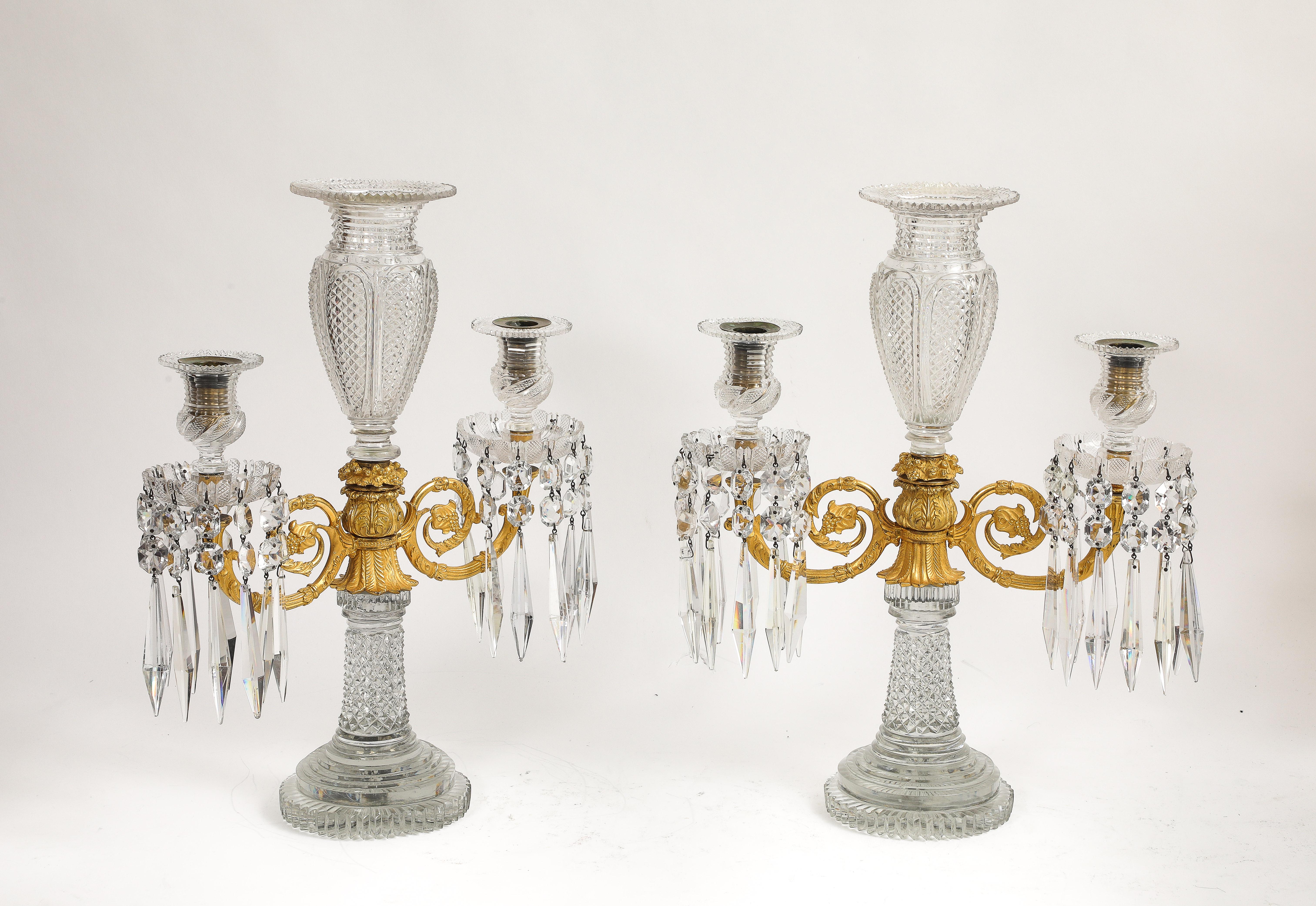 Pair Regency Crystal & Gilt Bronze Two-Light Candelabra, Attributed John Blades For Sale 1