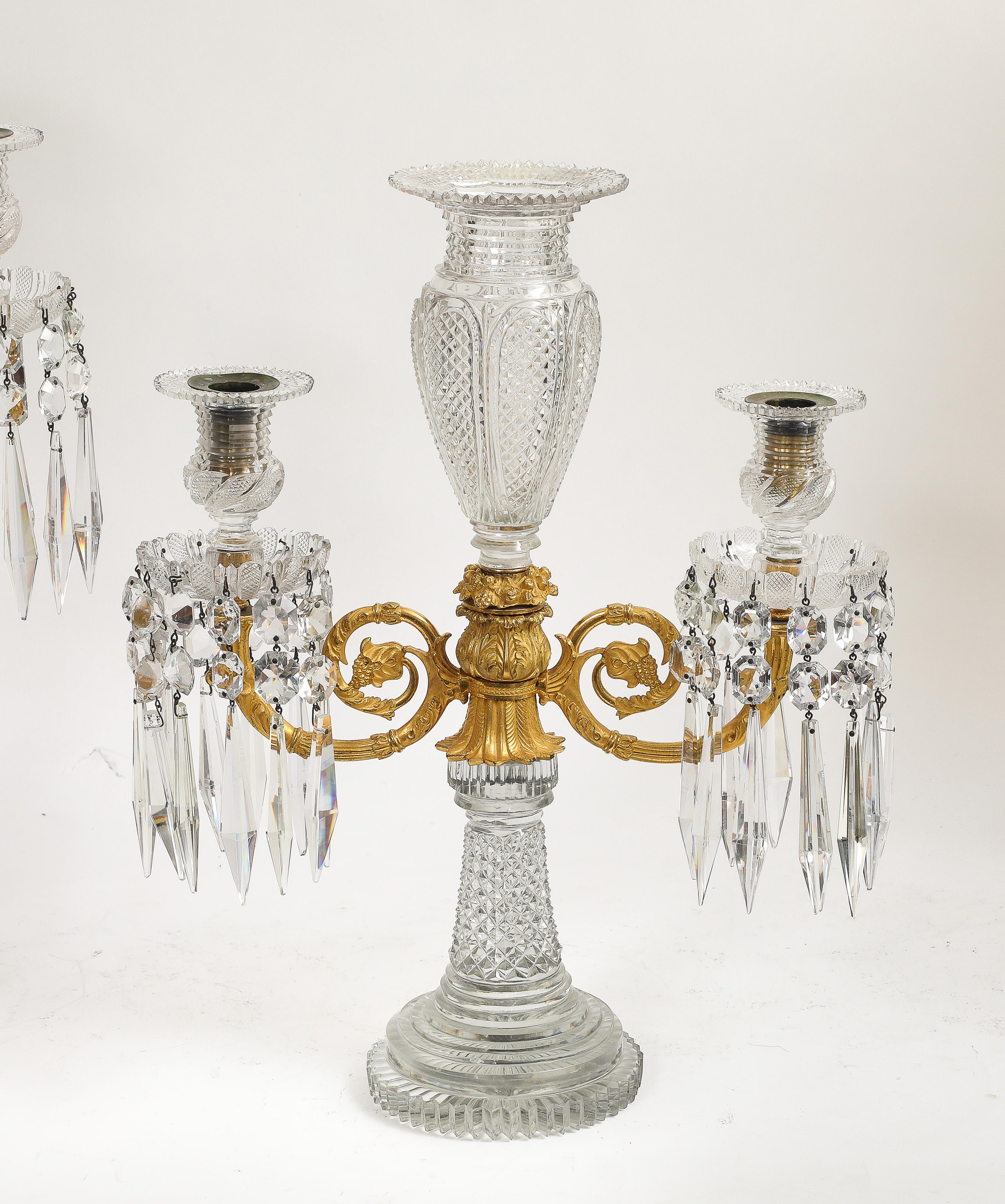 Pair Regency Crystal & Gilt Bronze Two-Light Candelabra, Attributed John Blades For Sale 2