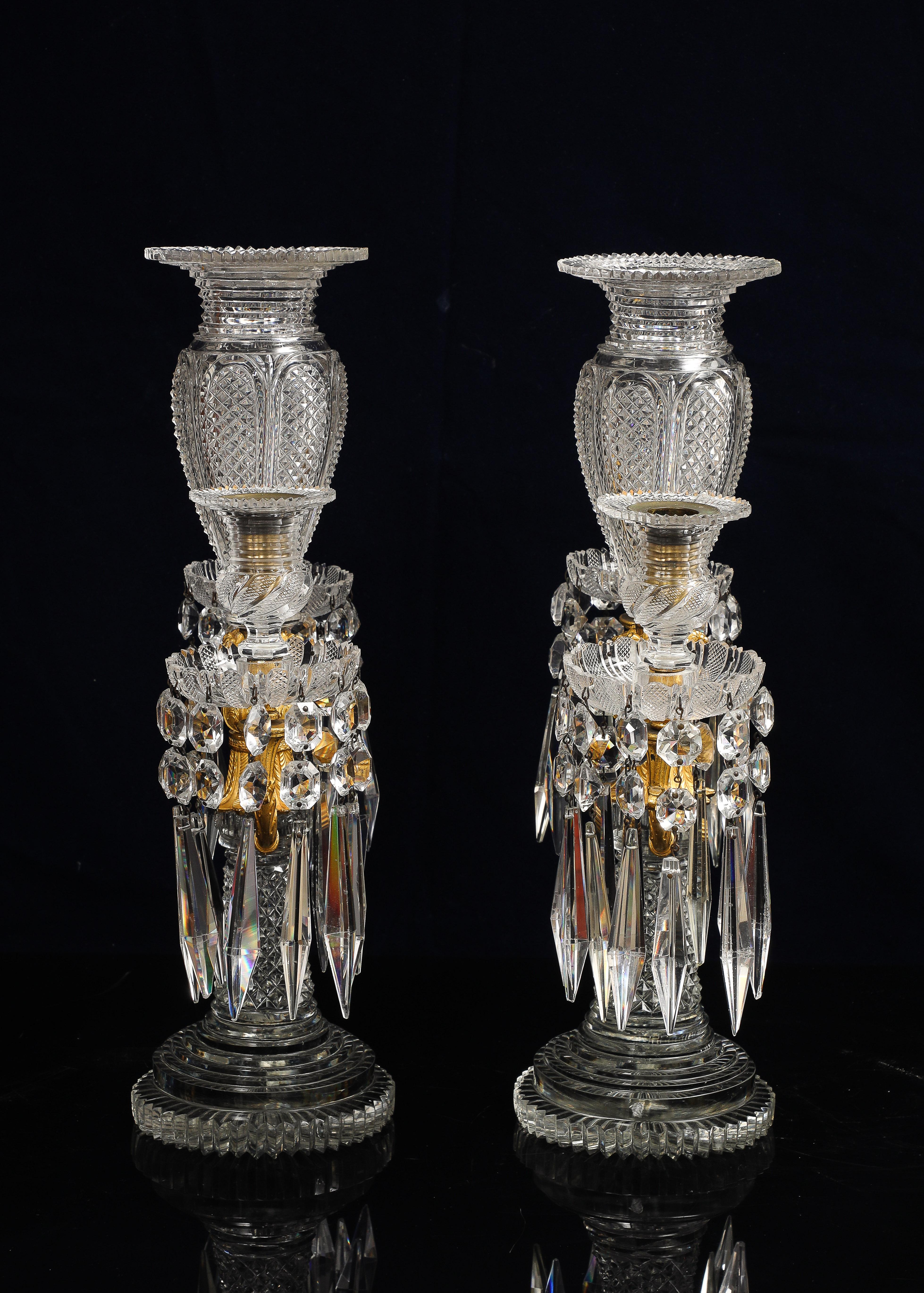 Pair Regency Crystal & Gilt Bronze Two-Light Candelabra, Attributed John Blades For Sale 3