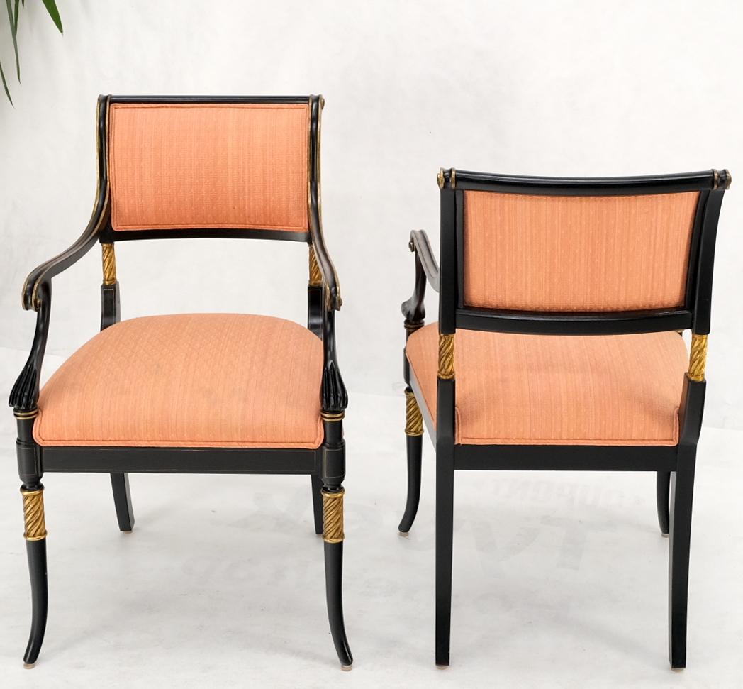 Pair Regency Ebonized Gilt Craved Fireside Dining Arm Chairs Horn Shape Leg For Sale 6