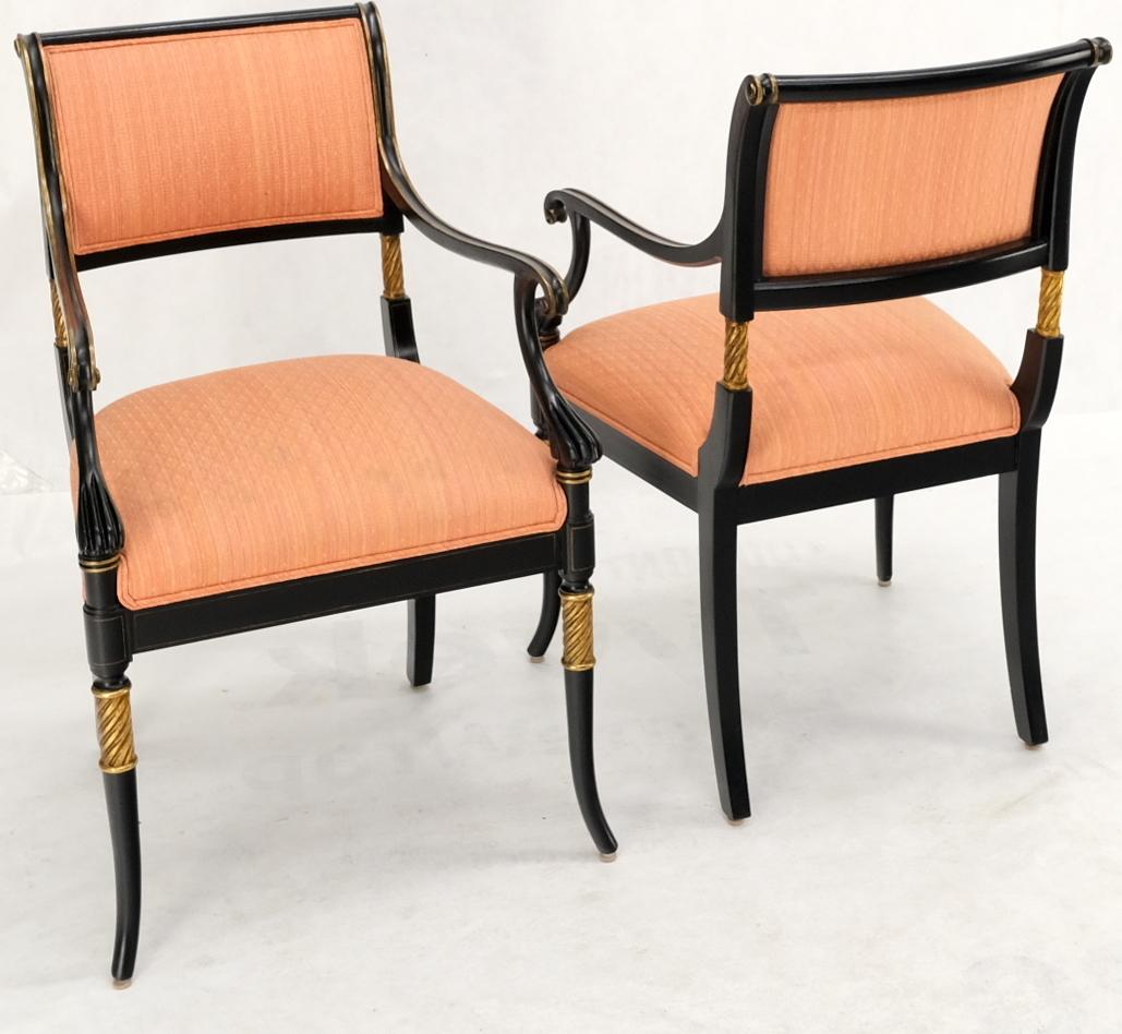 Pair Regency Ebonized Gilt Craved Fireside Dining Arm Chairs Horn Shape Leg For Sale 7