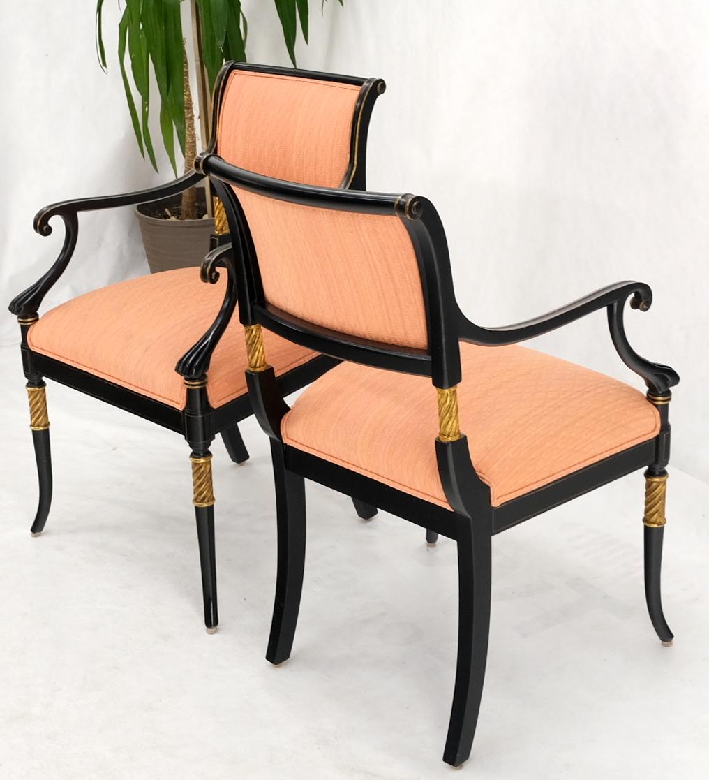 Pair Regency Ebonized Gilt Craved Fireside Dining Arm Chairs Horn Shape Leg For Sale 8