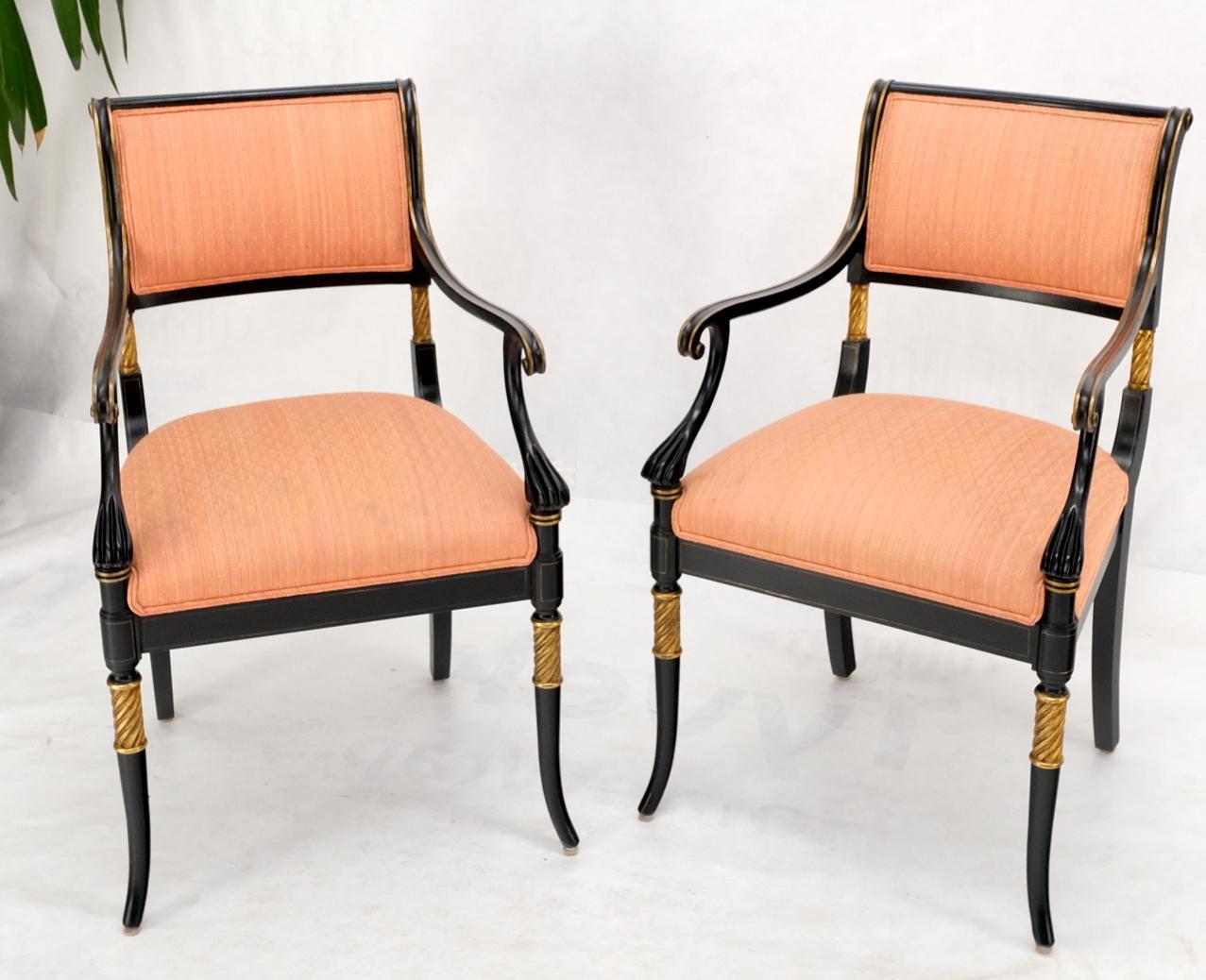 Regency Revival Pair Regency Ebonized Gilt Craved Fireside Dining Arm Chairs Horn Shape Leg For Sale