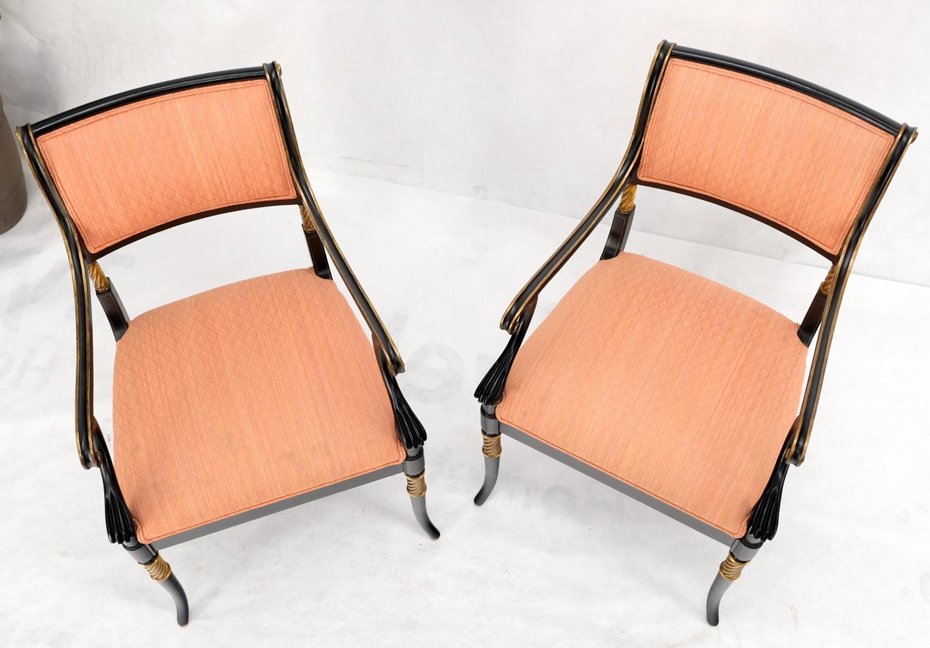 Unknown Pair Regency Ebonized Gilt Craved Fireside Dining Arm Chairs Horn Shape Leg For Sale