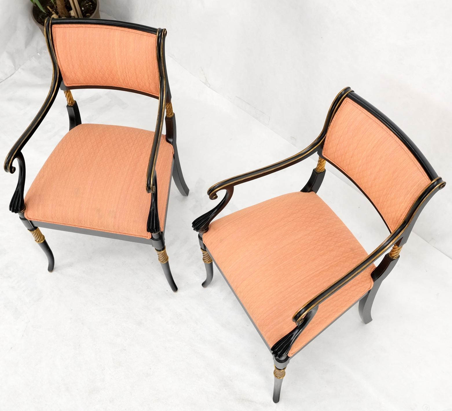 Pair Regency Ebonized Gilt Craved Fireside Dining Arm Chairs Horn Shape Leg In Good Condition For Sale In Rockaway, NJ