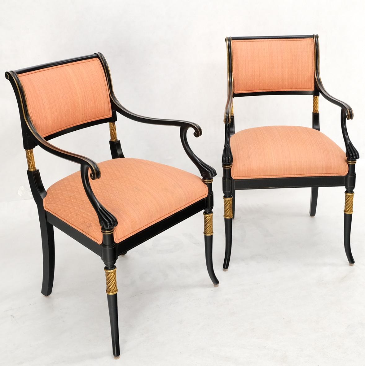 20th Century Pair Regency Ebonized Gilt Craved Fireside Dining Arm Chairs Horn Shape Leg For Sale