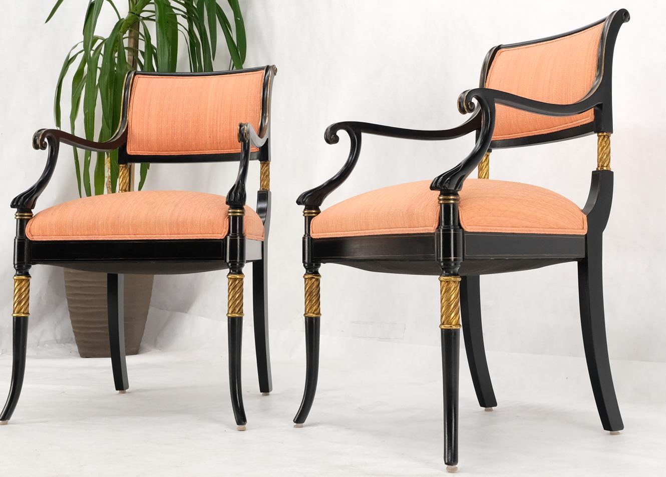 Upholstery Pair Regency Ebonized Gilt Craved Fireside Dining Arm Chairs Horn Shape Leg For Sale