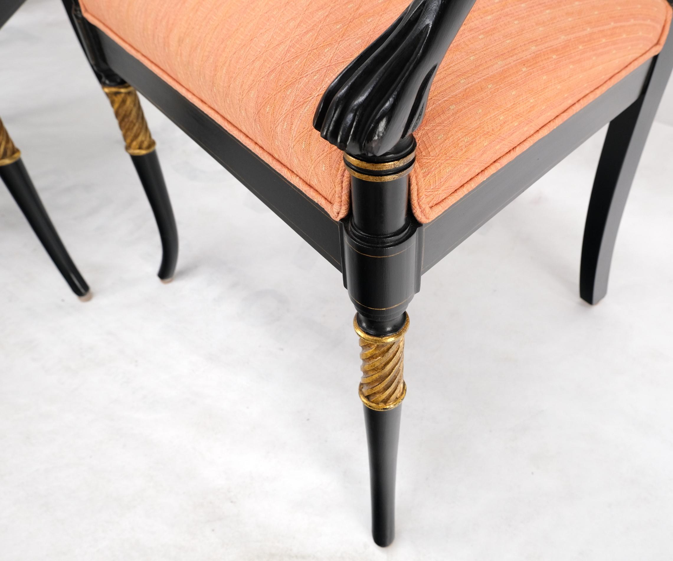 Pair Regency Ebonized Gilt Craved Fireside Dining Arm Chairs Horn Shape Leg For Sale 1