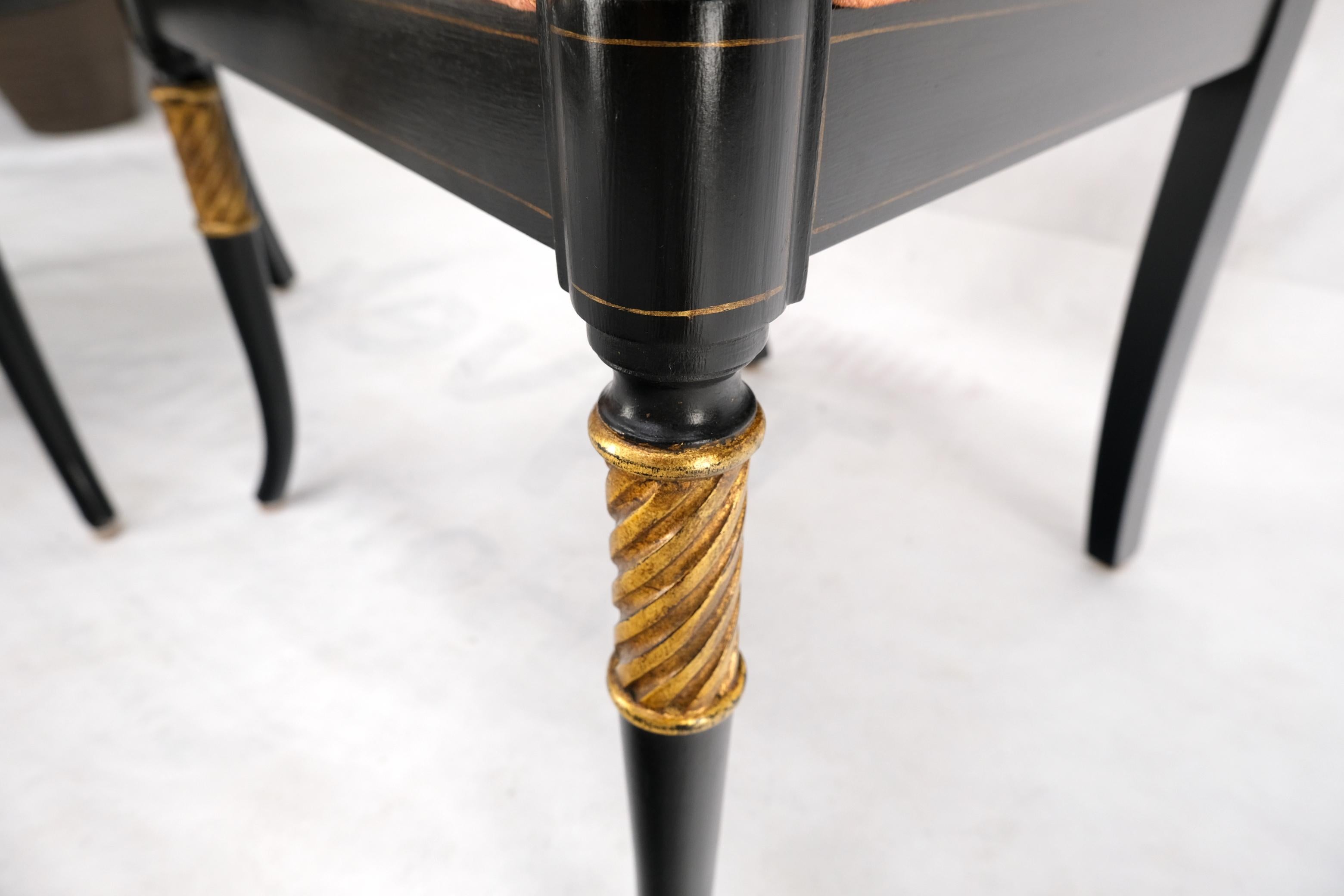 Pair Regency Ebonized Gilt Craved Fireside Dining Arm Chairs Horn Shape Leg For Sale 2