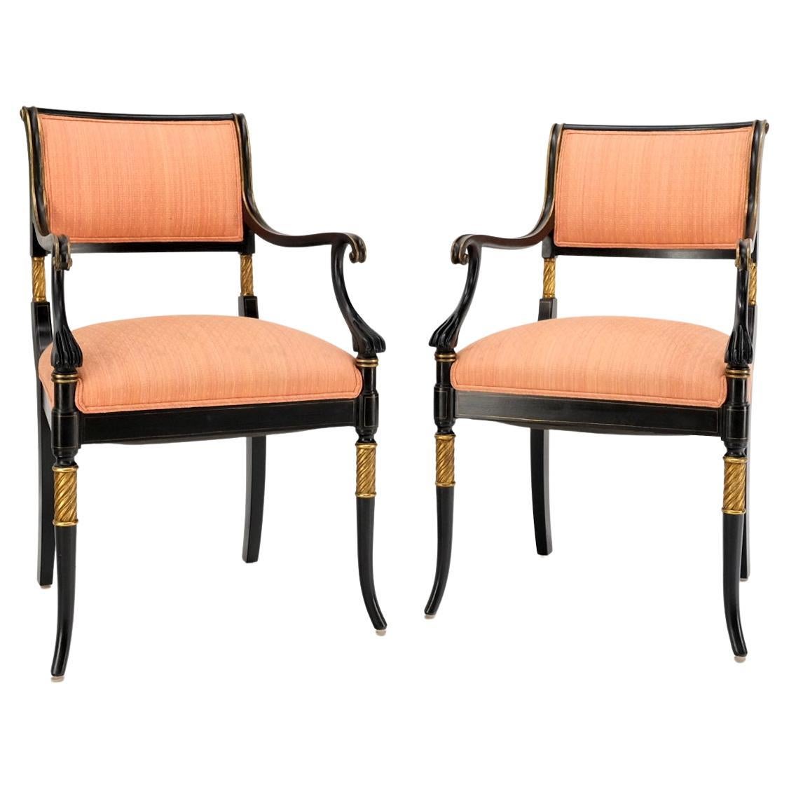 Pair Regency Ebonized Gilt Craved Fireside Dining Arm Chairs Horn Shape Leg For Sale