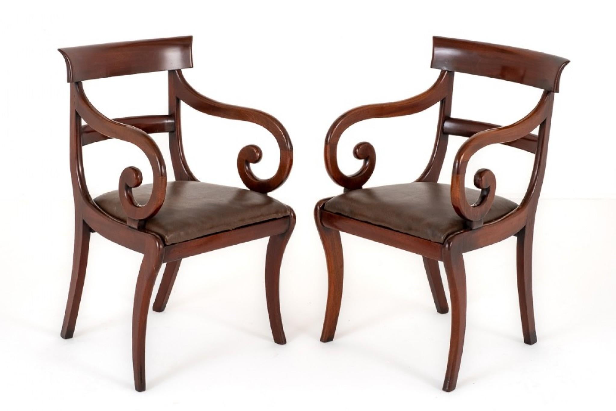 Late 20th Century Pair Regency Elbow Chairs Mahogany Period Furniture For Sale