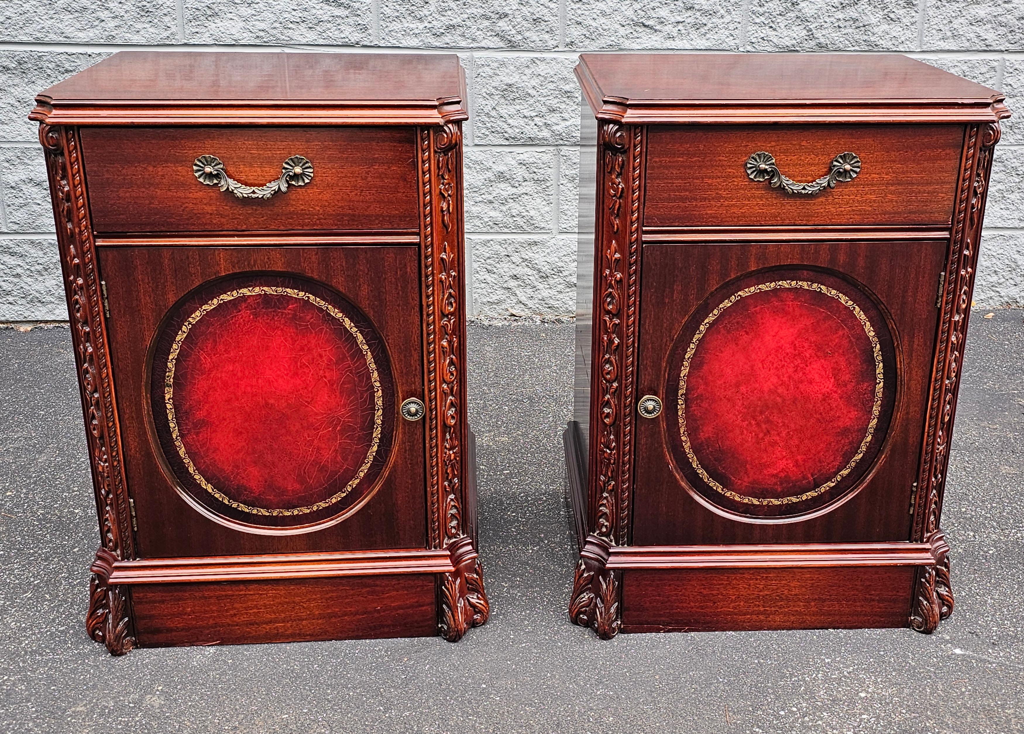 American Pair Regency Magogany Tooled Leather Inset Front Side Cabinets For Sale