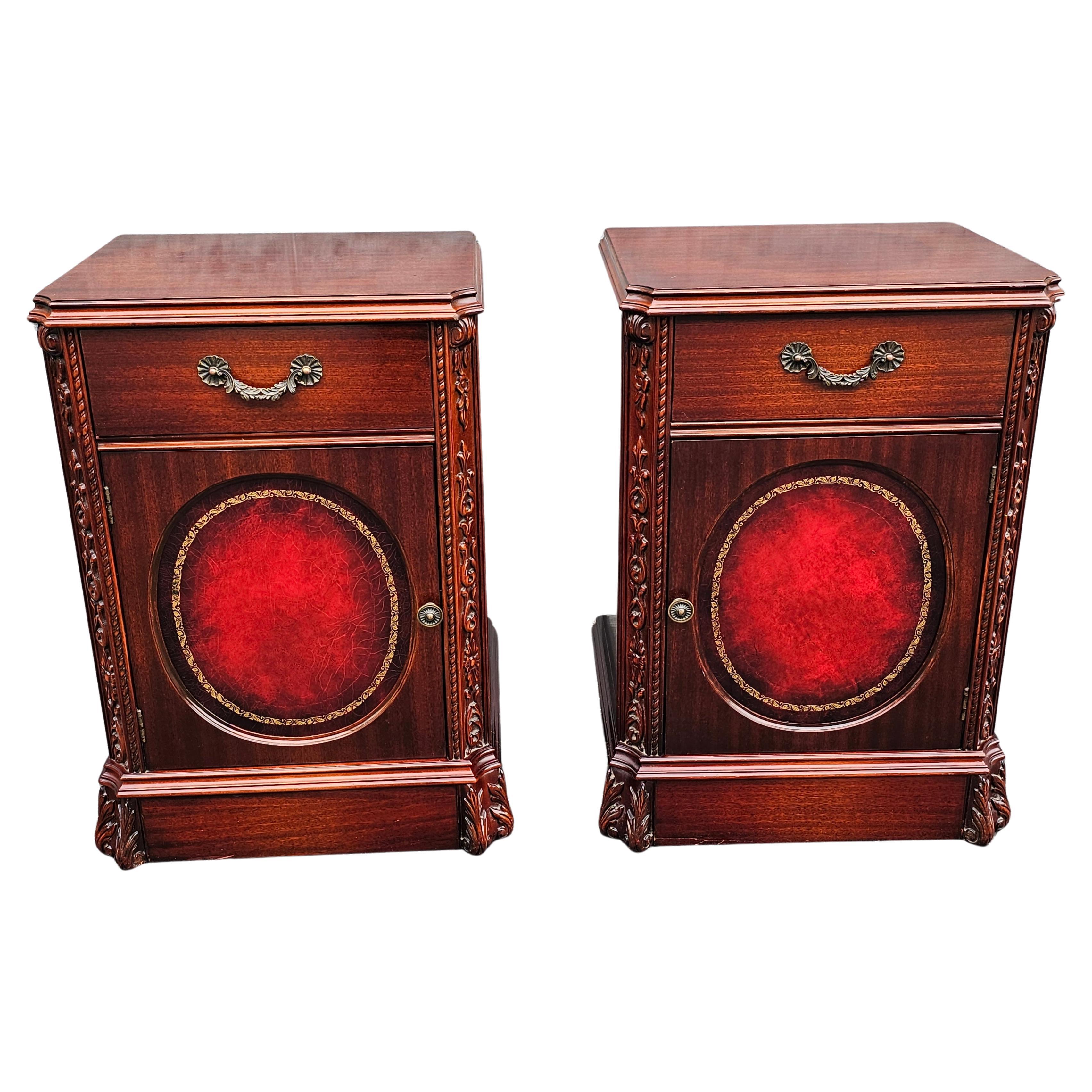 Pair Regency Magogany Tooled Leather Inset Front Side Cabinets For Sale
