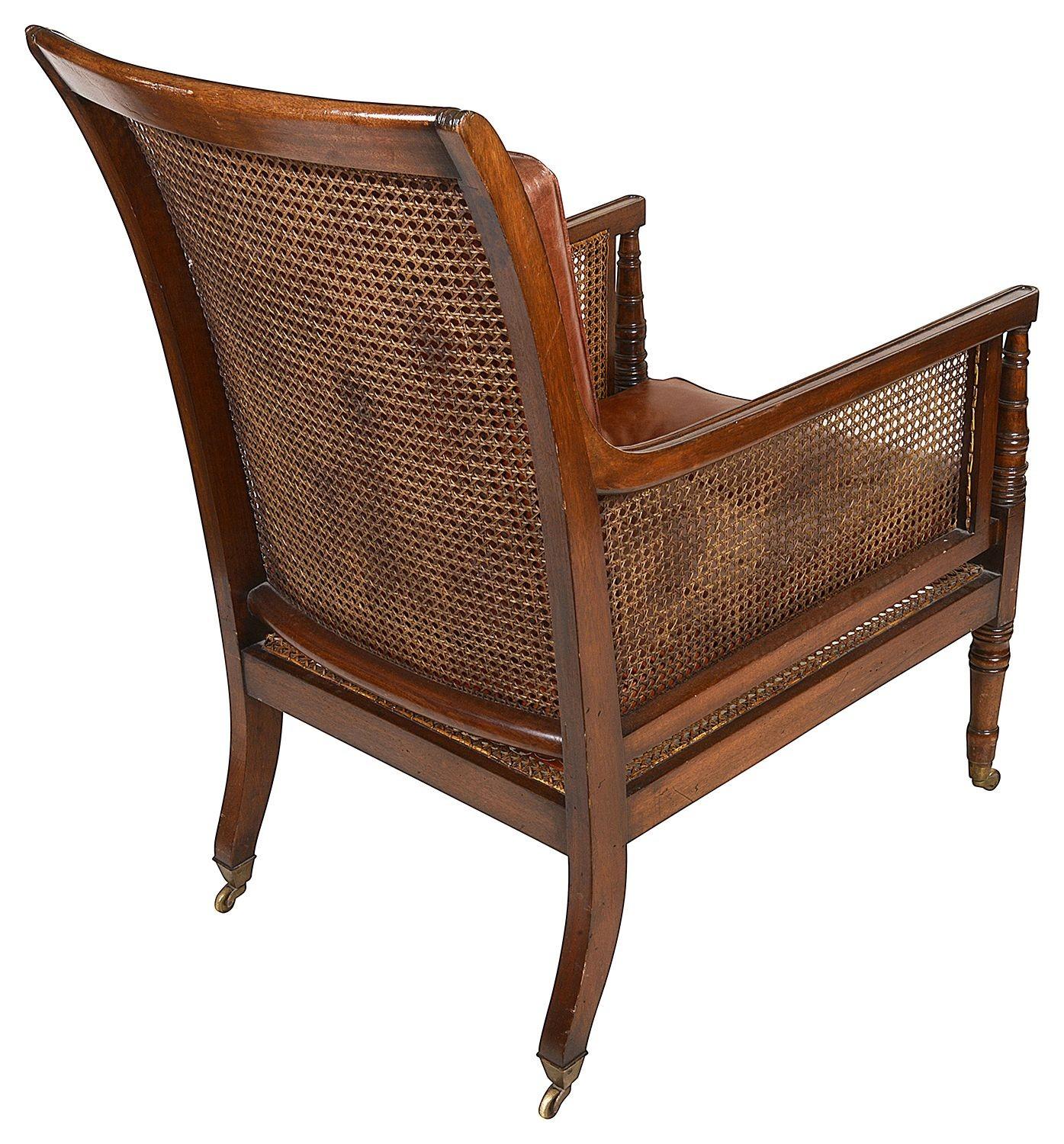 Pair Regency Mahogany Bergere Library Chairs, 19th Century In Good Condition In Brighton, Sussex