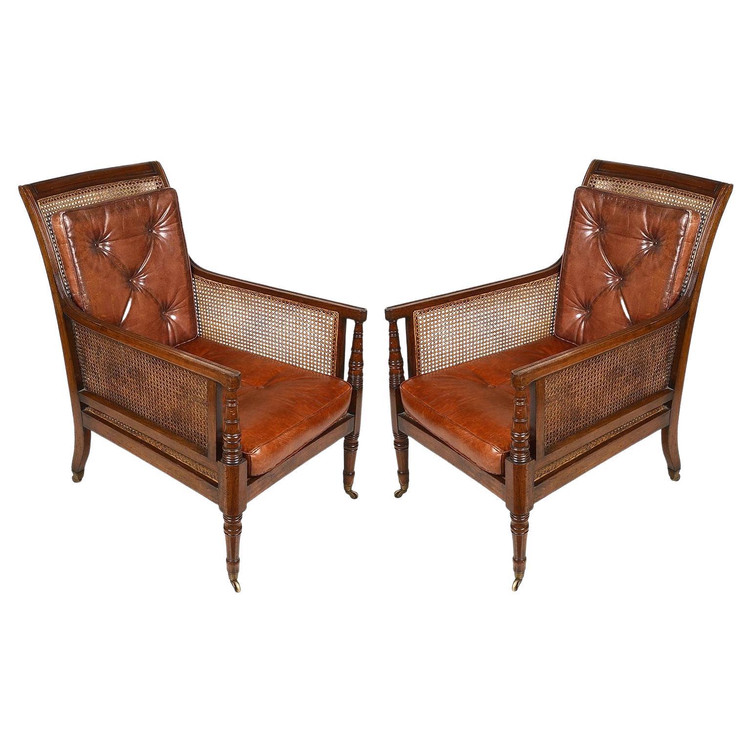 Pair Regency Mahogany Bergere Library Chairs, 19th Century