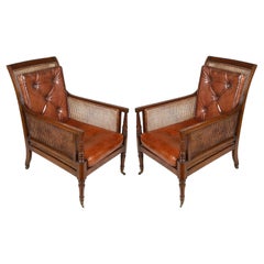 Pair Regency Mahogany Bergere Library Chairs, 19th Century