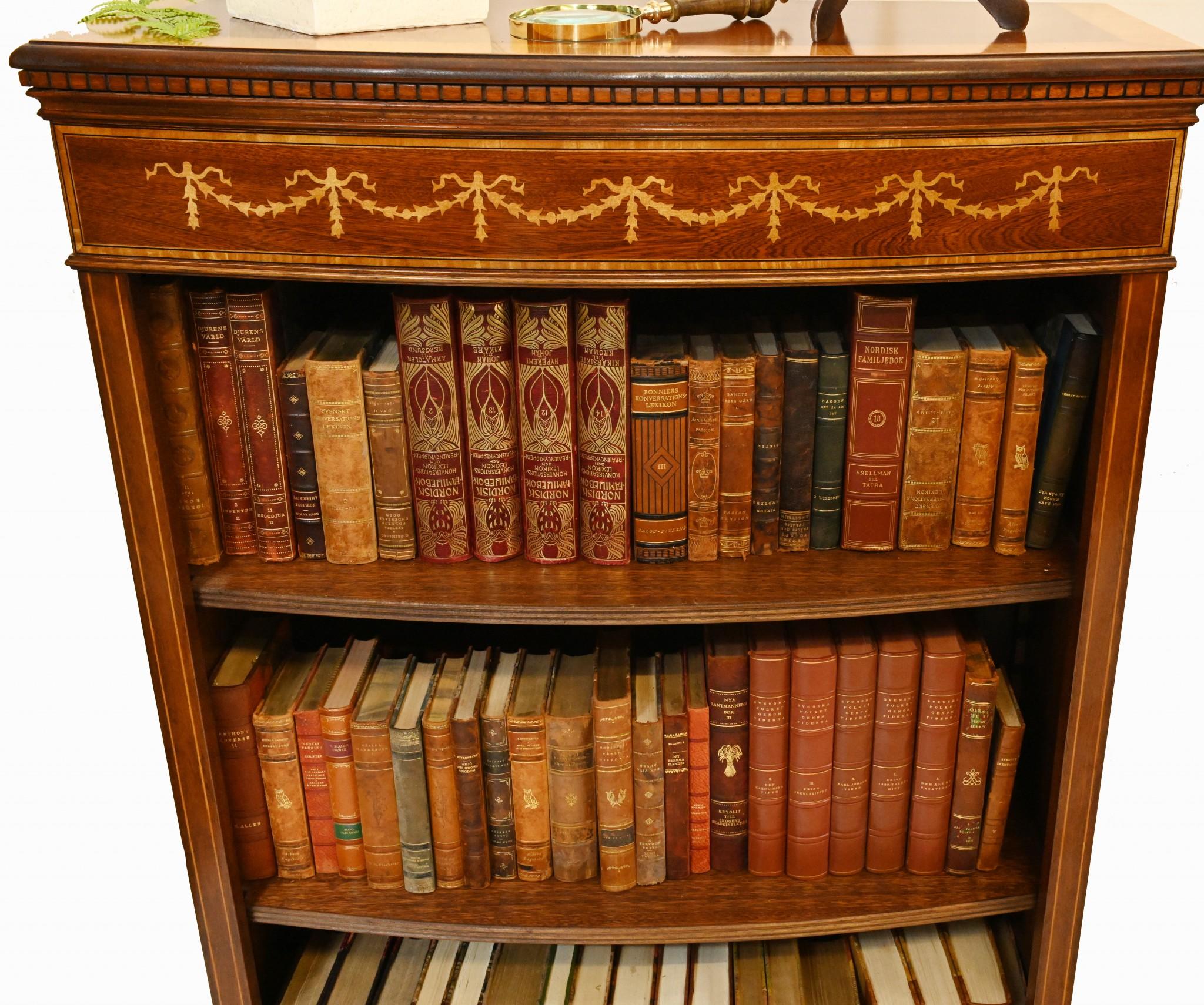 Pair Regency Open Bookcases Mahogany Adjustable Shelving Sheraton Inlay For Sale 7