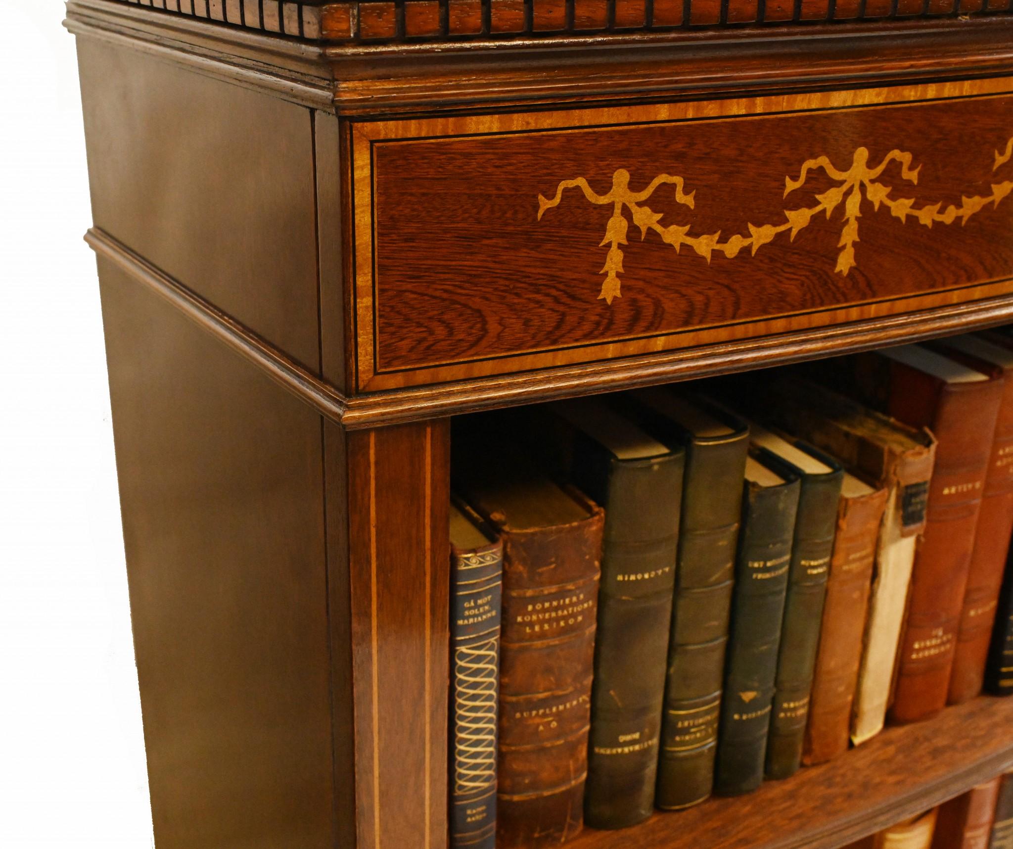 Late 20th Century Pair Regency Open Bookcases Mahogany Adjustable Shelving Sheraton Inlay For Sale