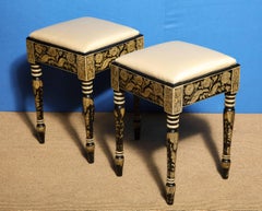Pair of Regency Penwork Square Benches with Original Decoration, circa 1810