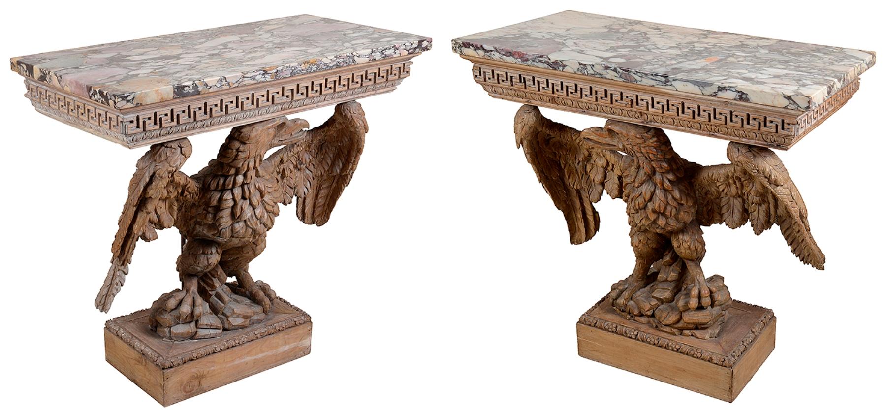 A wonderful pair of Regency period carved pine console tables, with Breccia marble tops supported by beautifully carved spreadwinged eagles standing on rockwork; on a plinth base with flowerhead moulded edges.
In the manner of Francis Brodie of