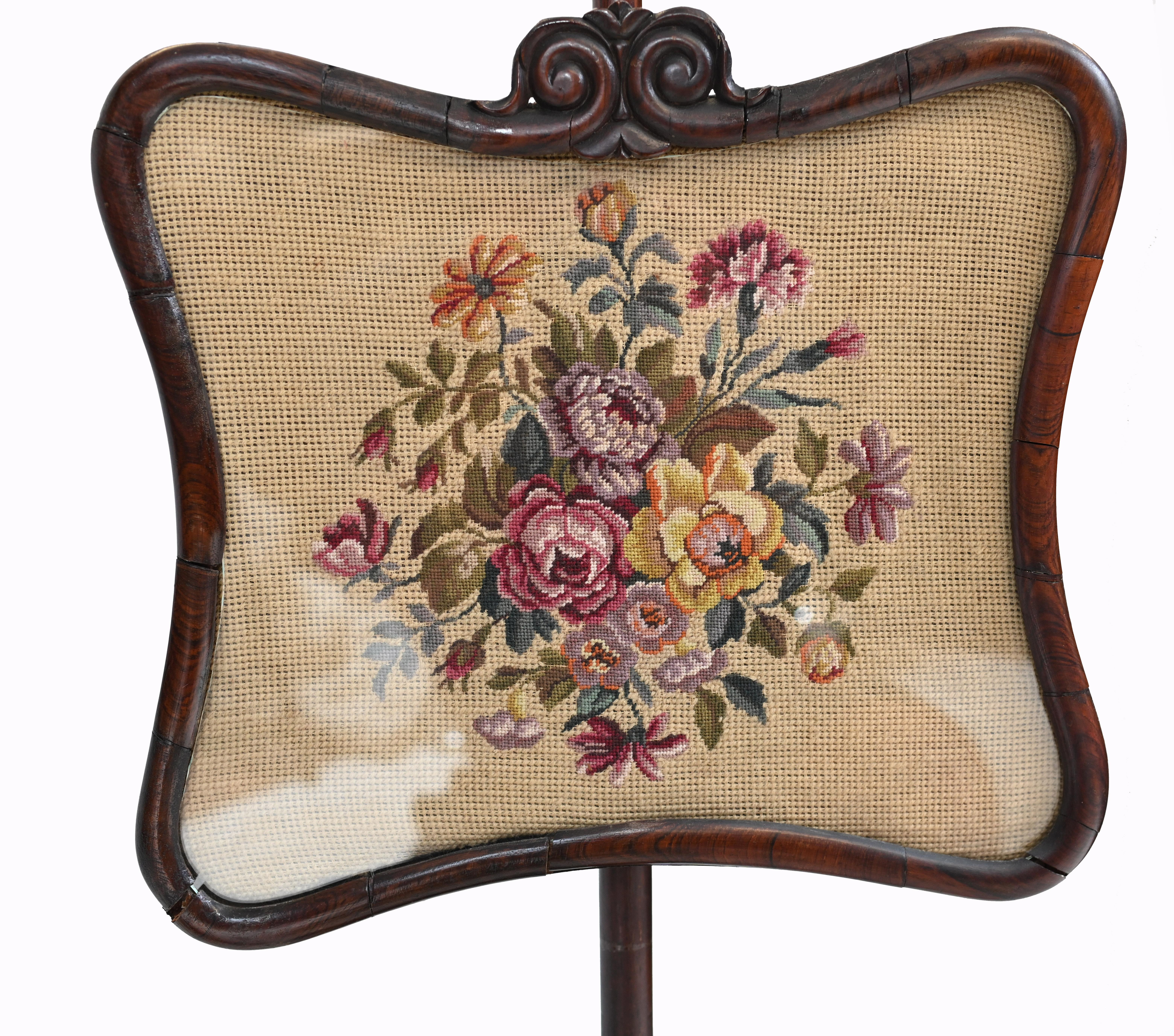 Pair Regency Pole Screens Fire Needlepoint Tapestry, 1830 For Sale 5