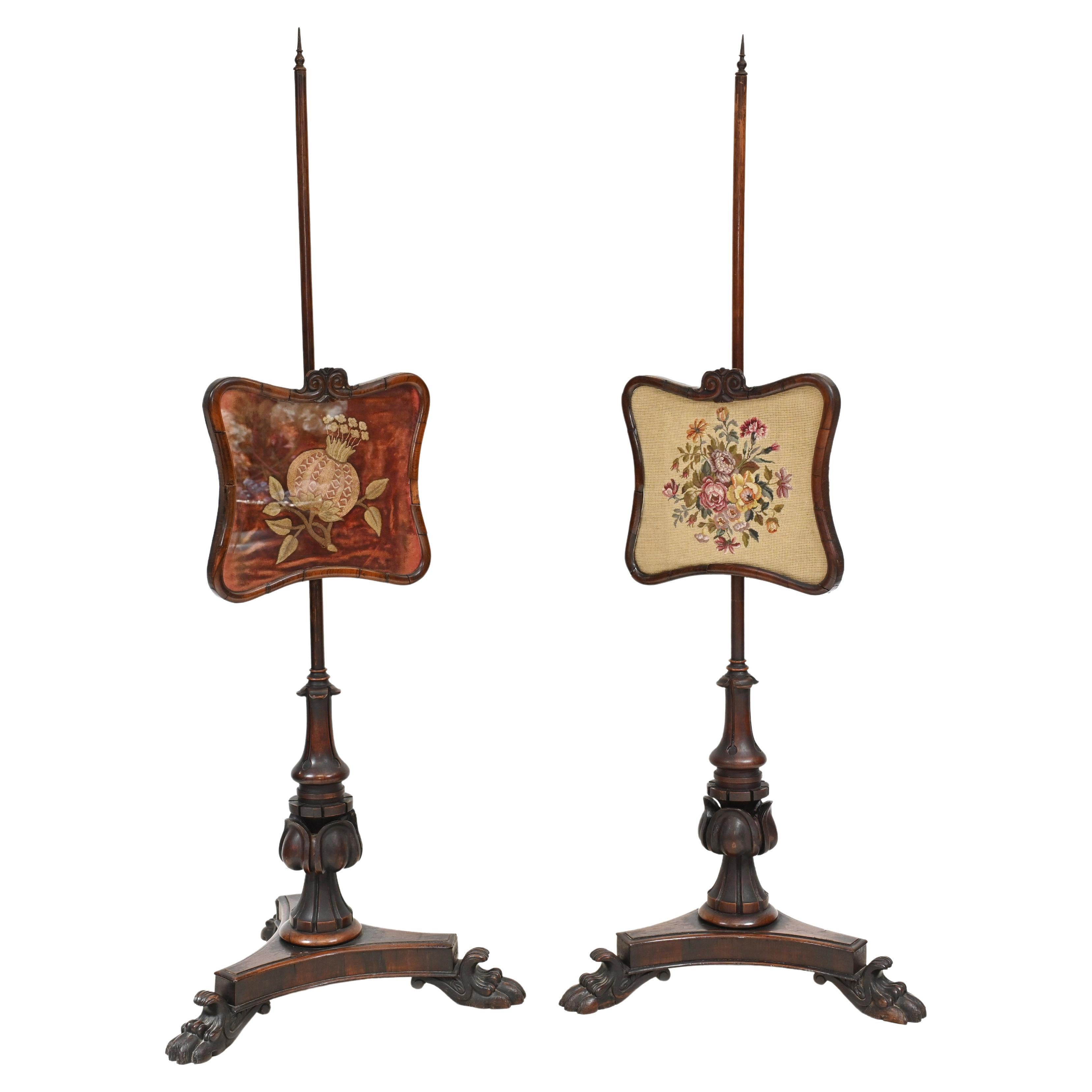 Pair Regency Pole Screens Fire Needlepoint Tapestry, 1830 For Sale
