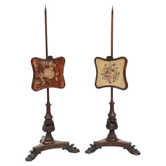 Antique Pair Regency Pole Screens Fire Needlepoint Tapestry, 1830