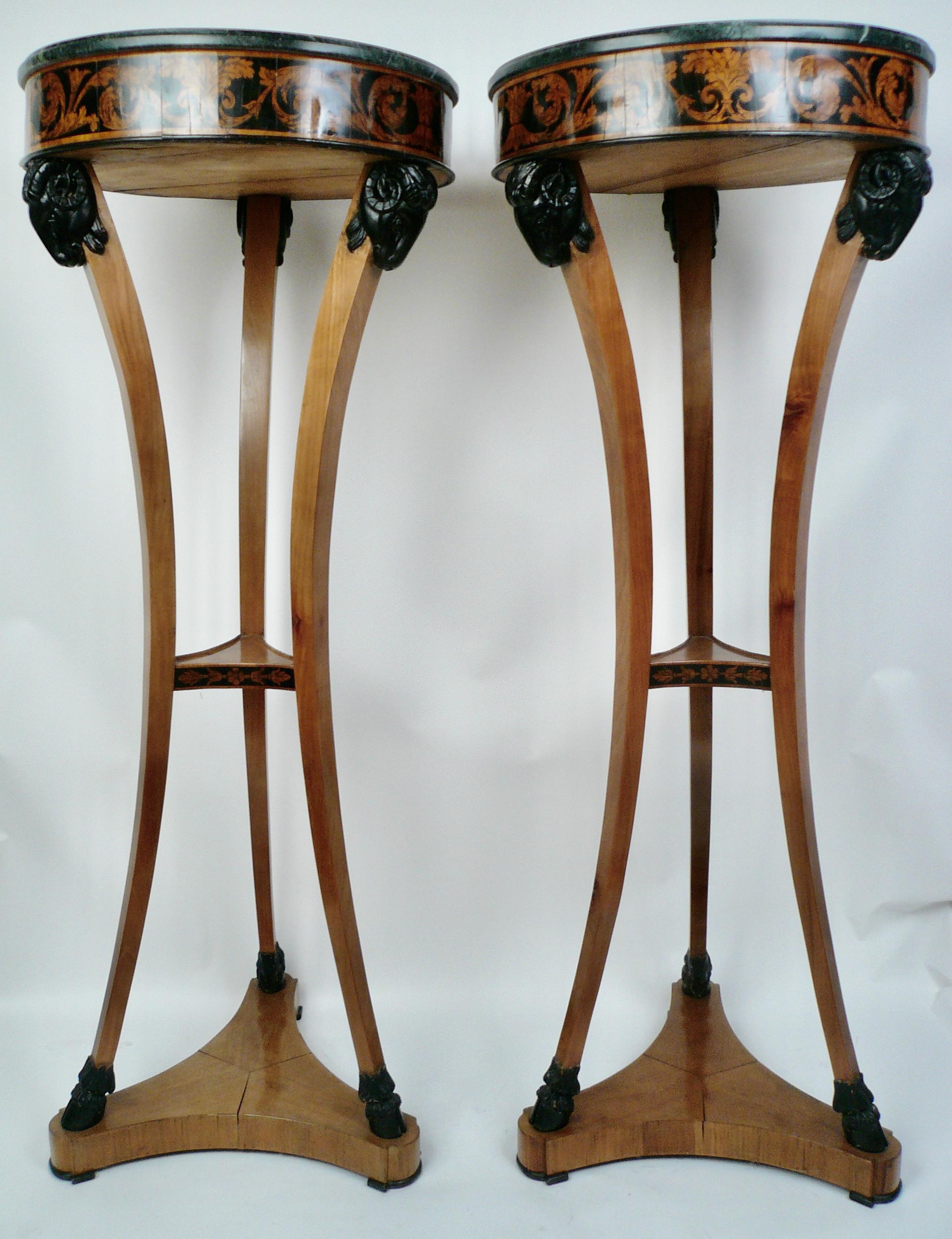 Regency Revival Pair Regency Satinwood and Penwork Marble Topped Tripod Form Stands For Sale