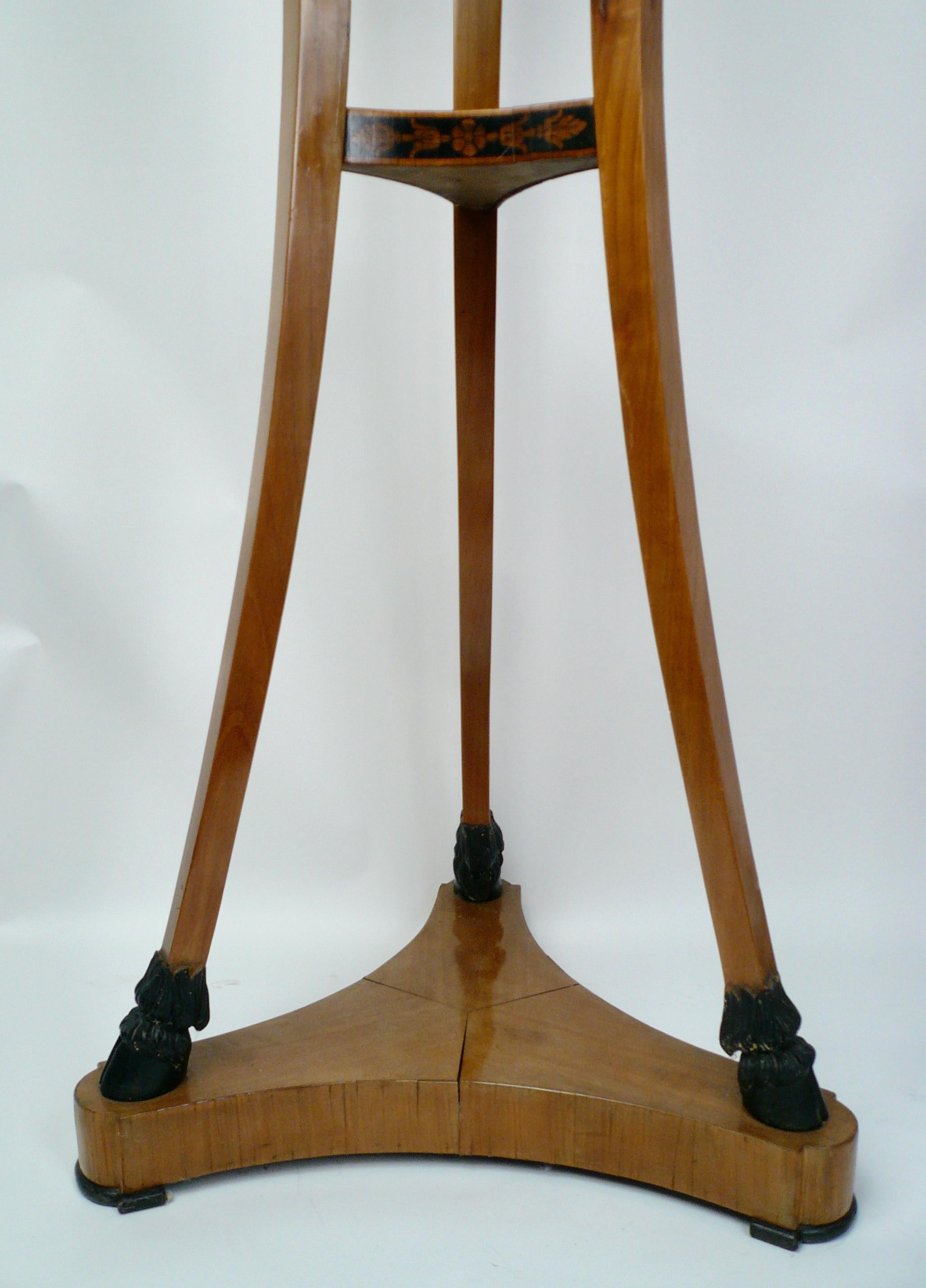 Pair Regency Satinwood and Penwork Marble Topped Tripod Form Stands In Good Condition For Sale In Pittsburgh, PA