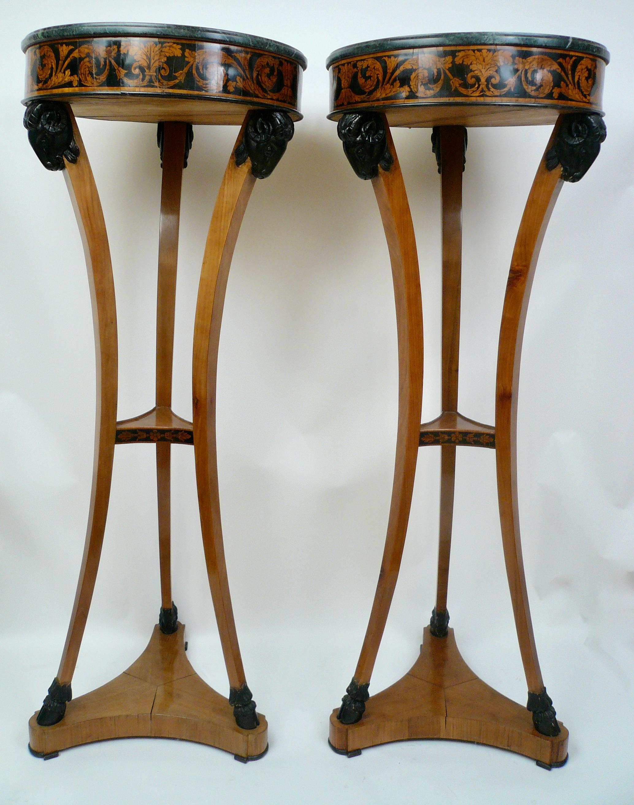 19th Century Pair Regency Satinwood and Penwork Marble Topped Tripod Form Stands For Sale