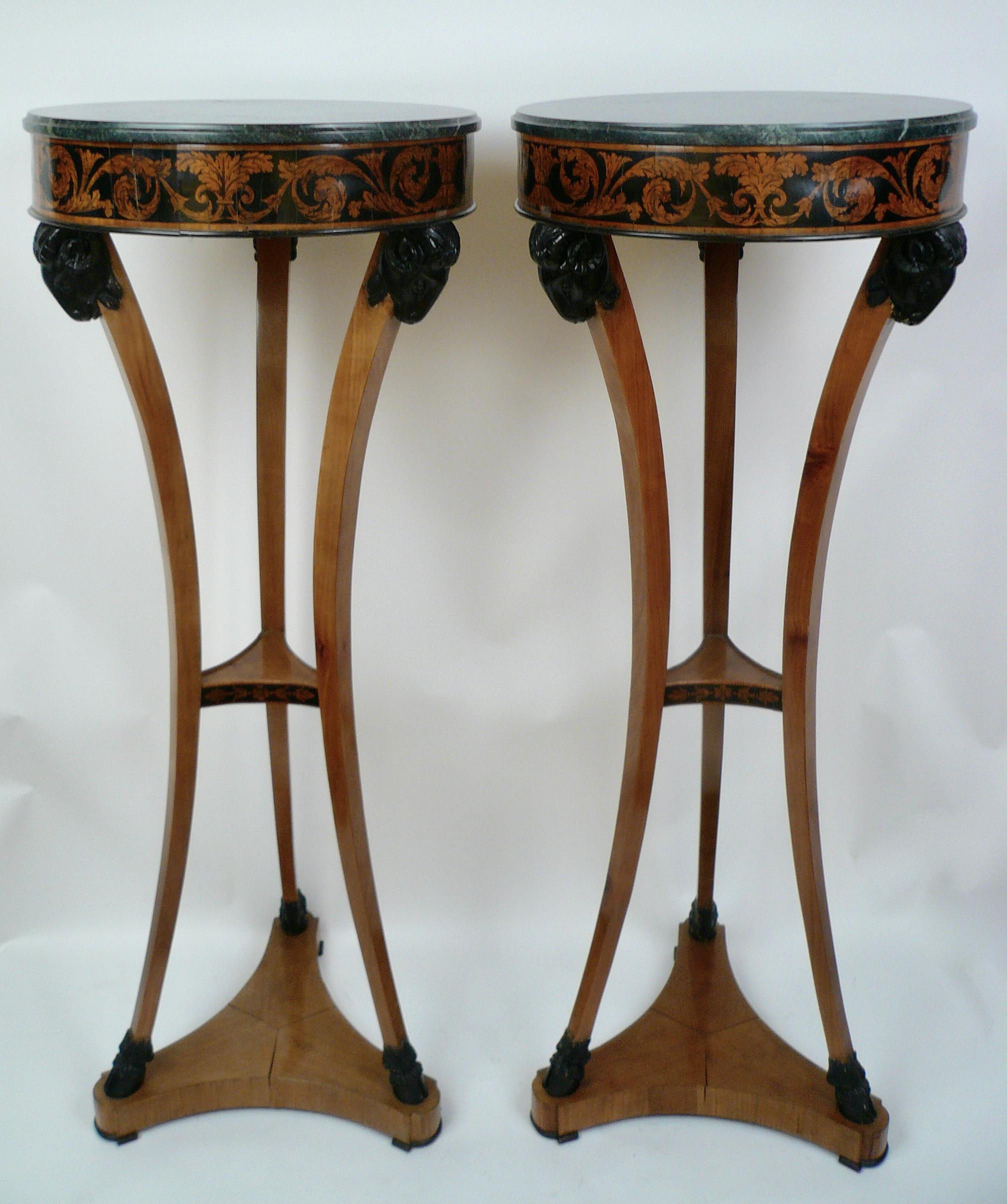 Pair Regency Satinwood and Penwork Marble Topped Tripod Form Stands For Sale 2