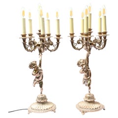 Pair Regency Silver Plate Cherub Candelabra Lamps Putti