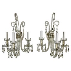 Antique Pair Regency Style 3 Light Crystal Sconces After M. Lafount