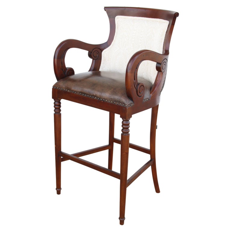 French style Regency barstools
 
Barstools with natural linen backs and leather seats and backs. Frame constructed of solid kiln dried mahogany. 

 
Seat height 34” ½
Dimensions: 24''W x 49.25'' H x 24''D.


