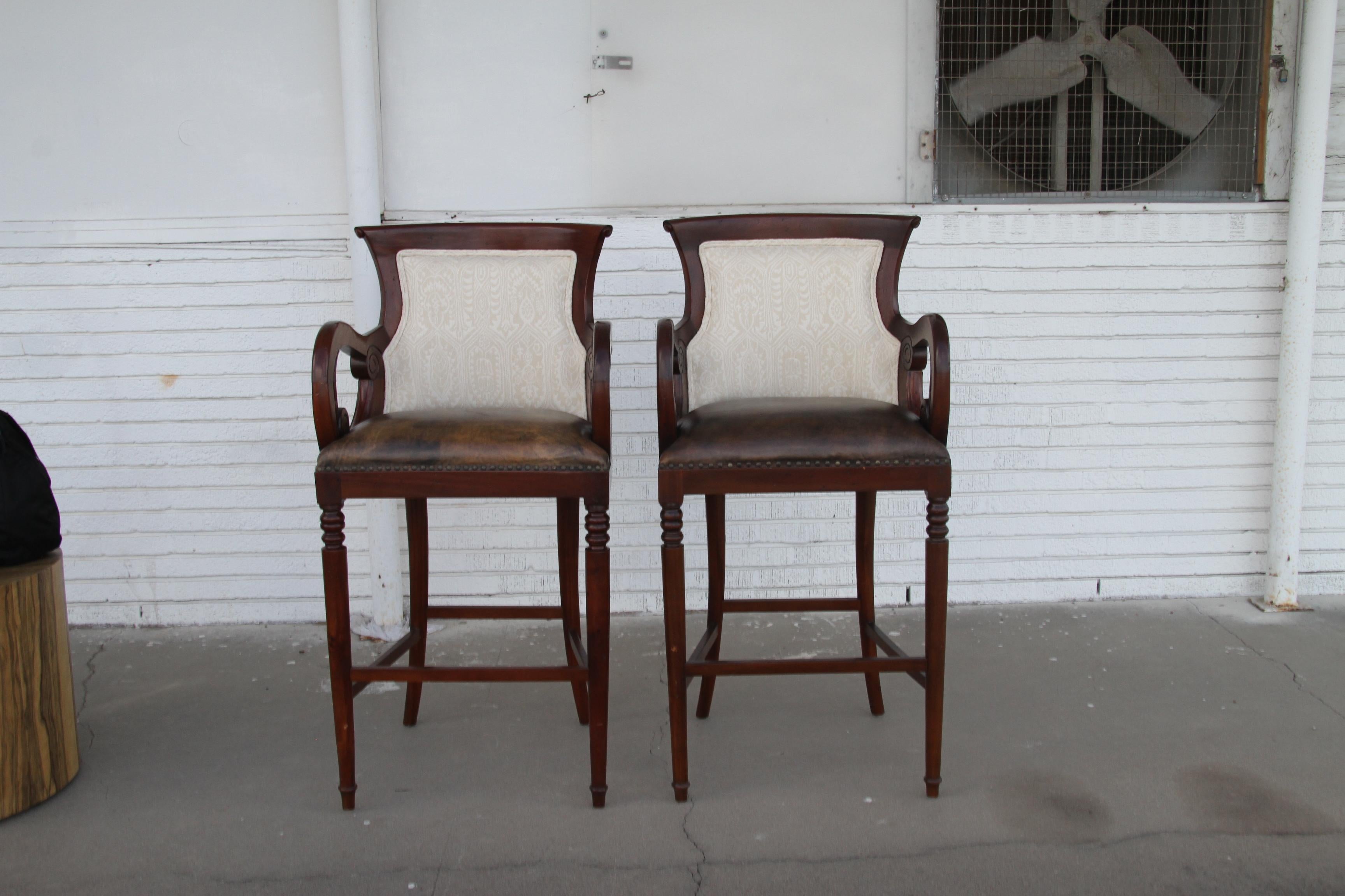 Pair Regency Style Bar Stools In Distressed Condition For Sale In Pasadena, TX