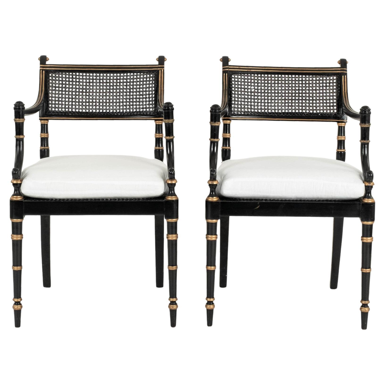 Pair Regency Style Black Gold Armchairs For Sale