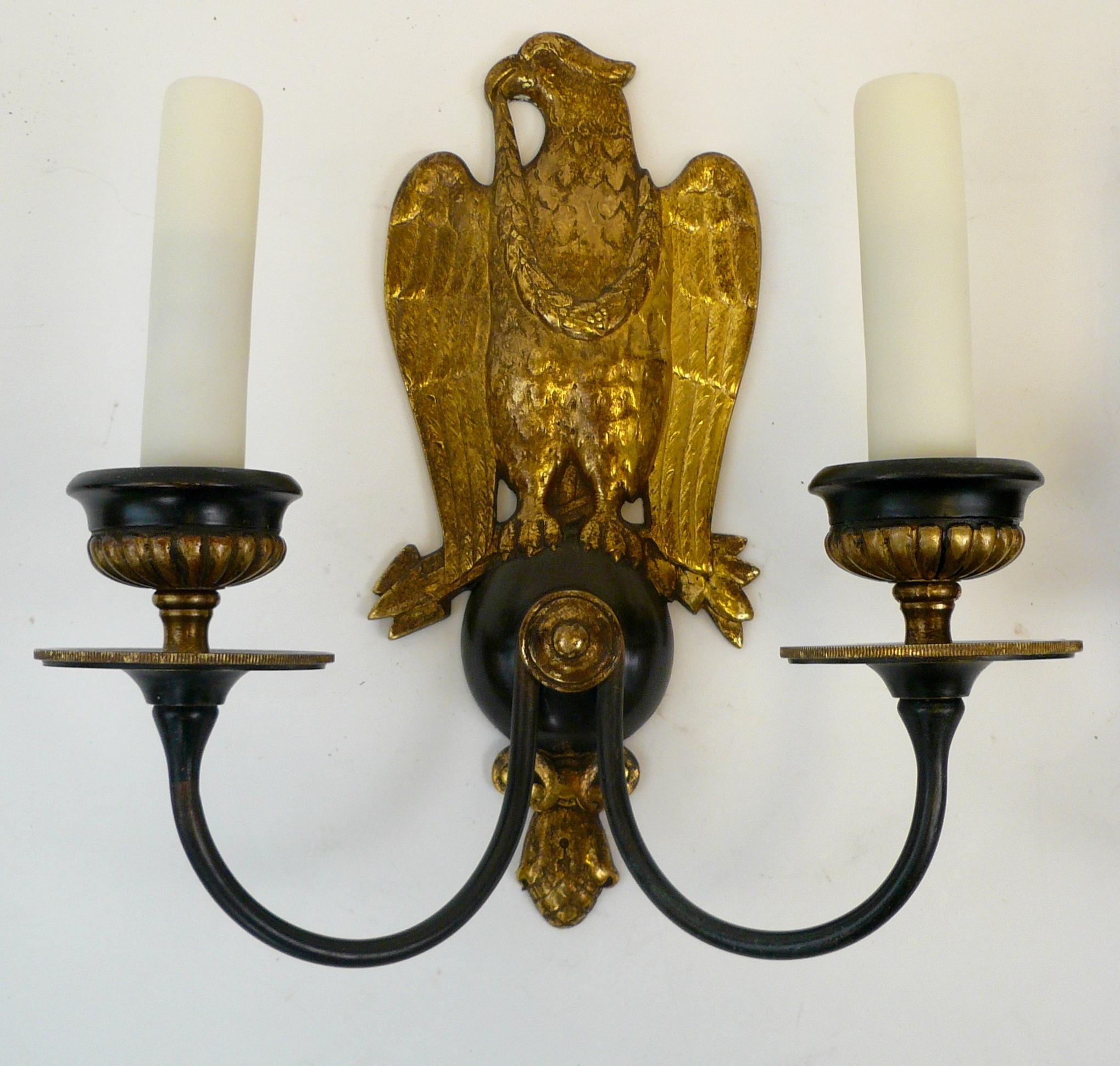 Patinated Pair of Regency Style Bronze Eagle Sconces Attributed to E, F, Caldwell