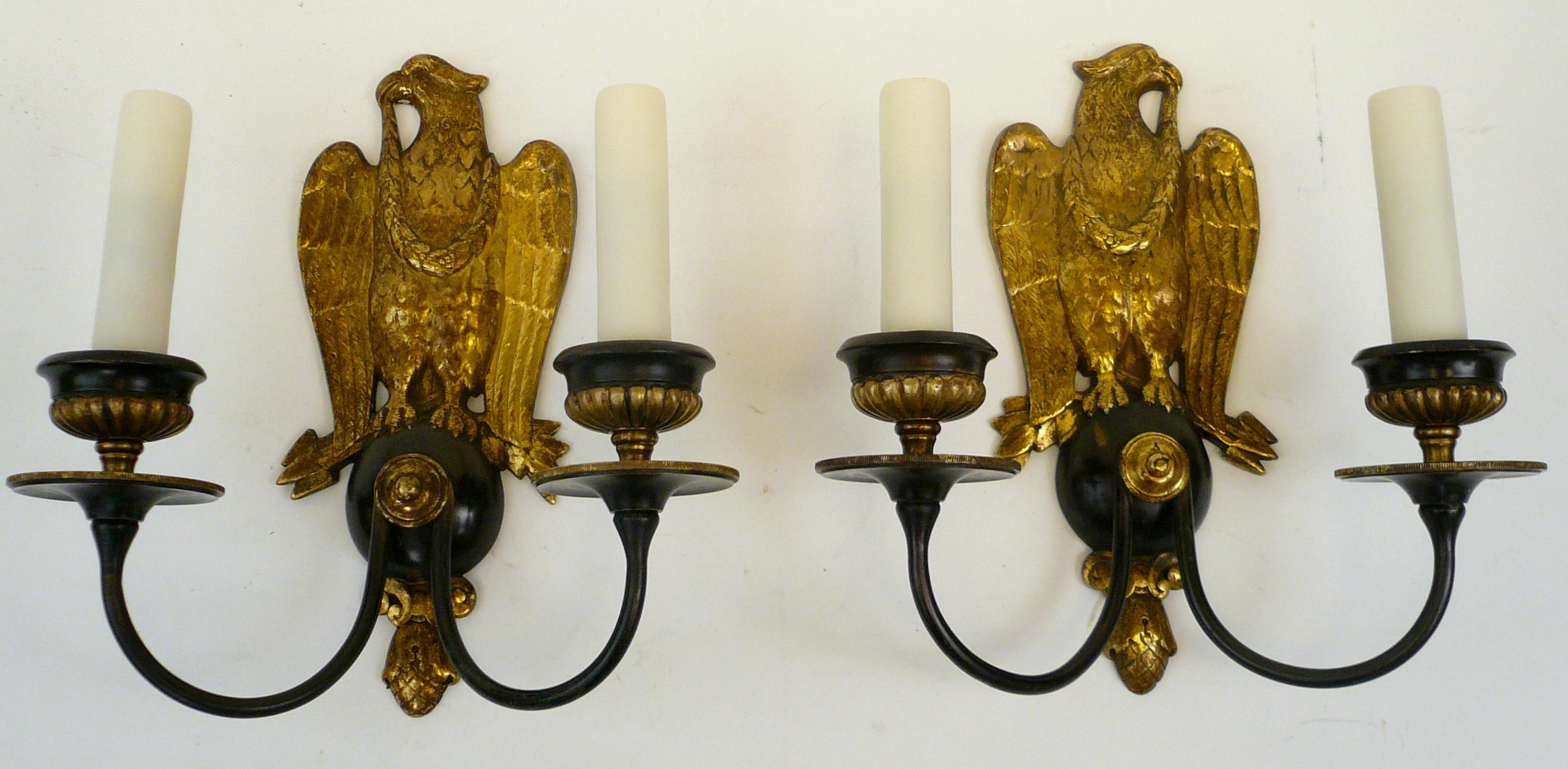 Pair of Regency Style Bronze Eagle Sconces Attributed to E, F, Caldwell In Good Condition In Pittsburgh, PA