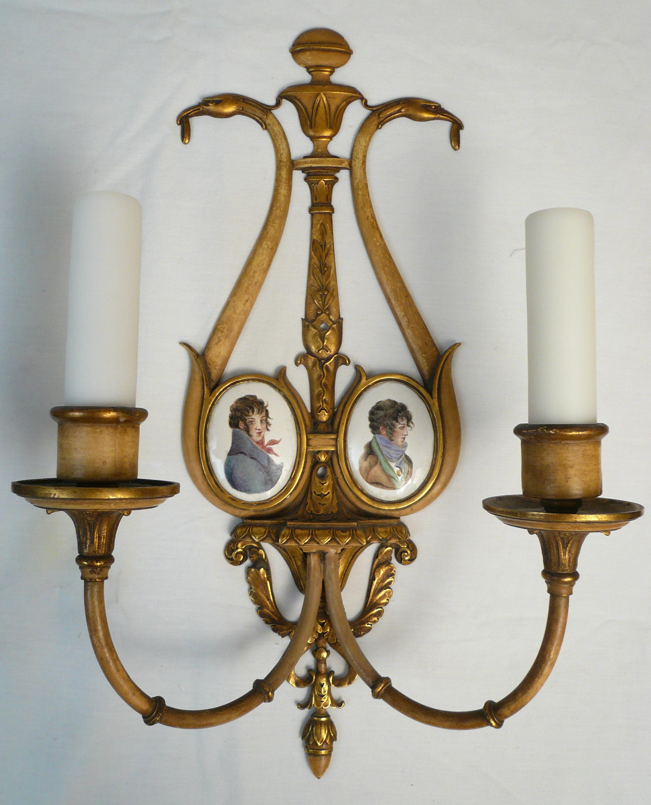 Pair Regency Style Bronze, Polychrome, and Battersea Enamel Sconces For Sale 9