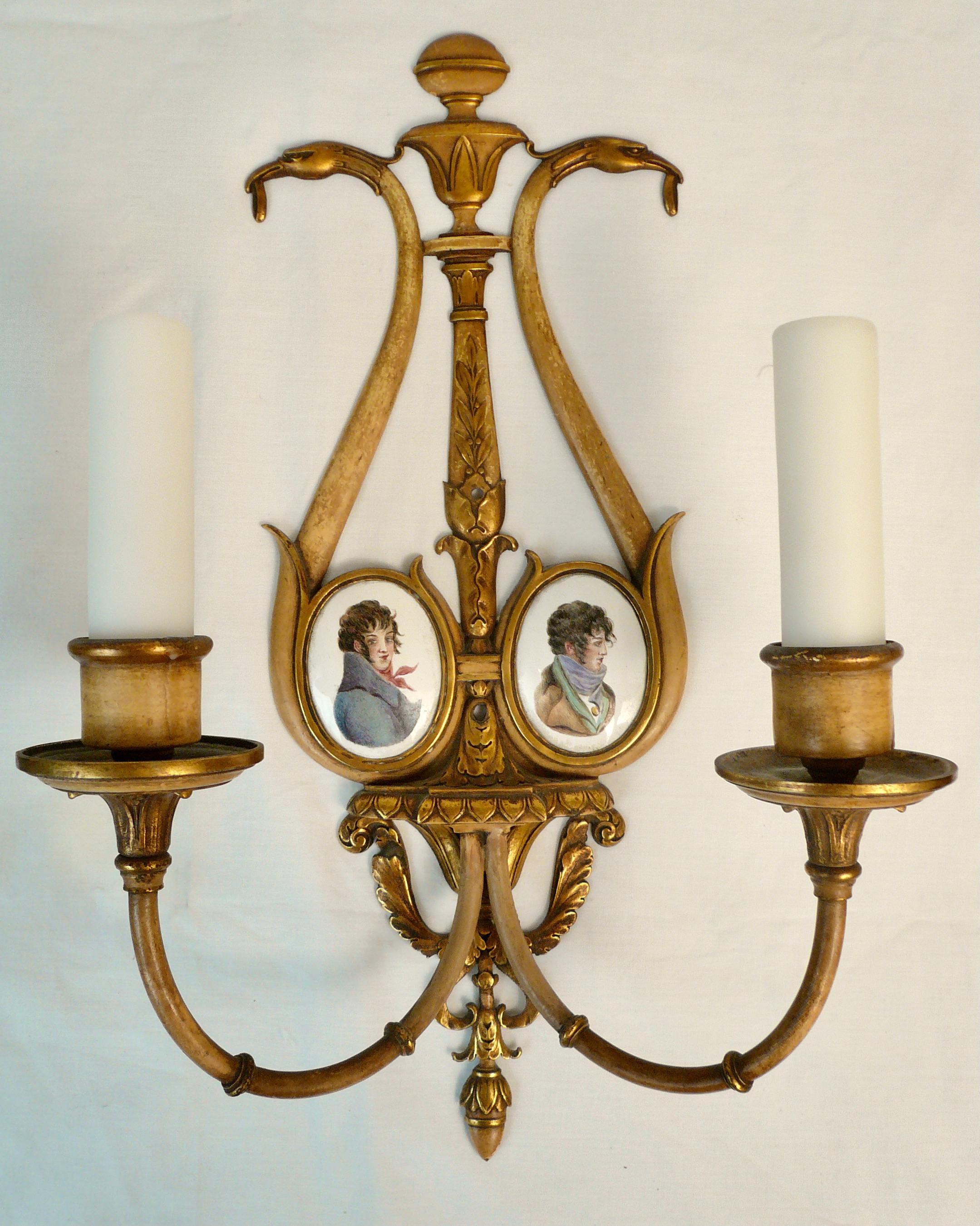American Pair Regency Style Bronze, Polychrome, and Battersea Enamel Sconces For Sale