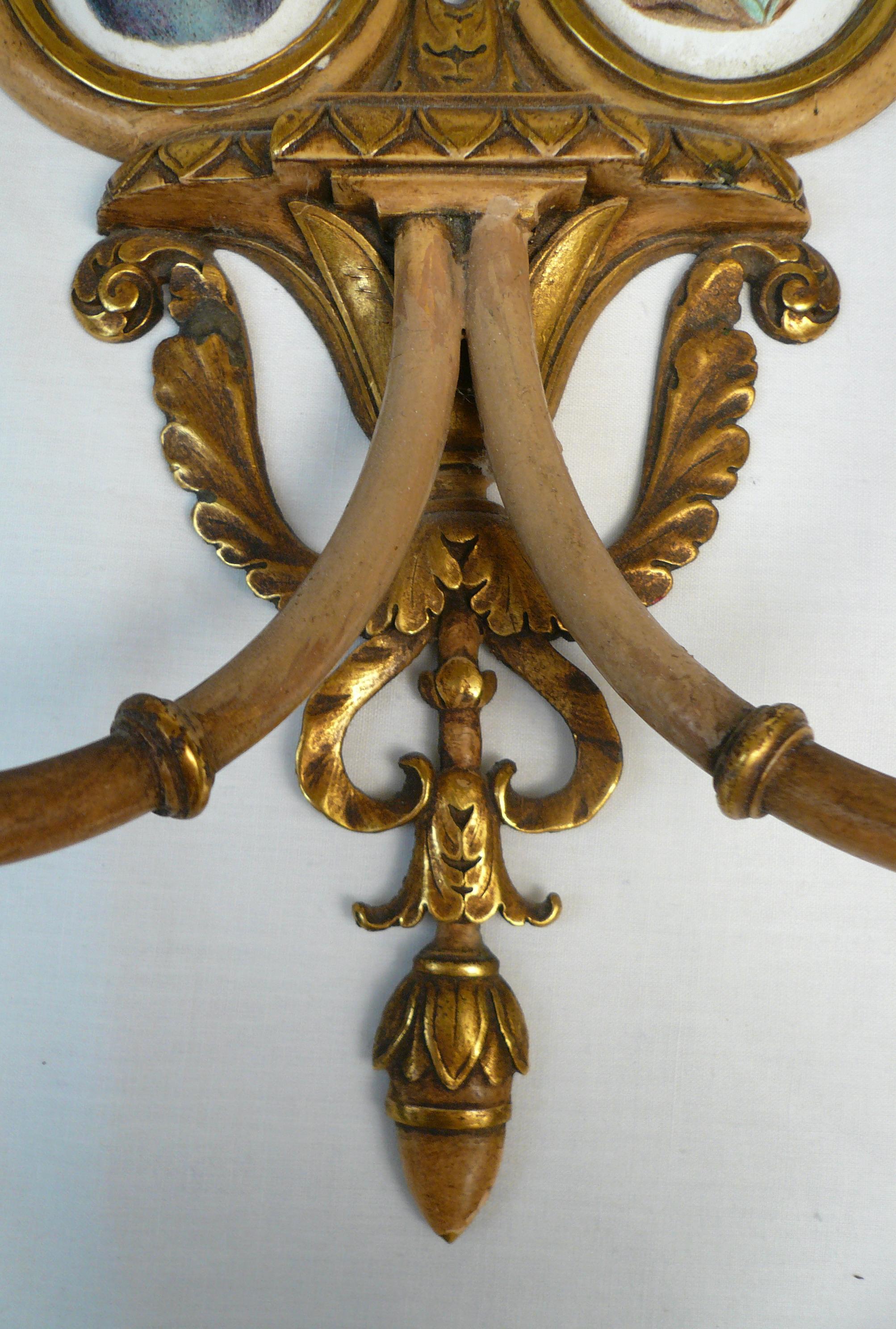 Pair Regency Style Bronze, Polychrome, and Battersea Enamel Sconces In Good Condition For Sale In Pittsburgh, PA