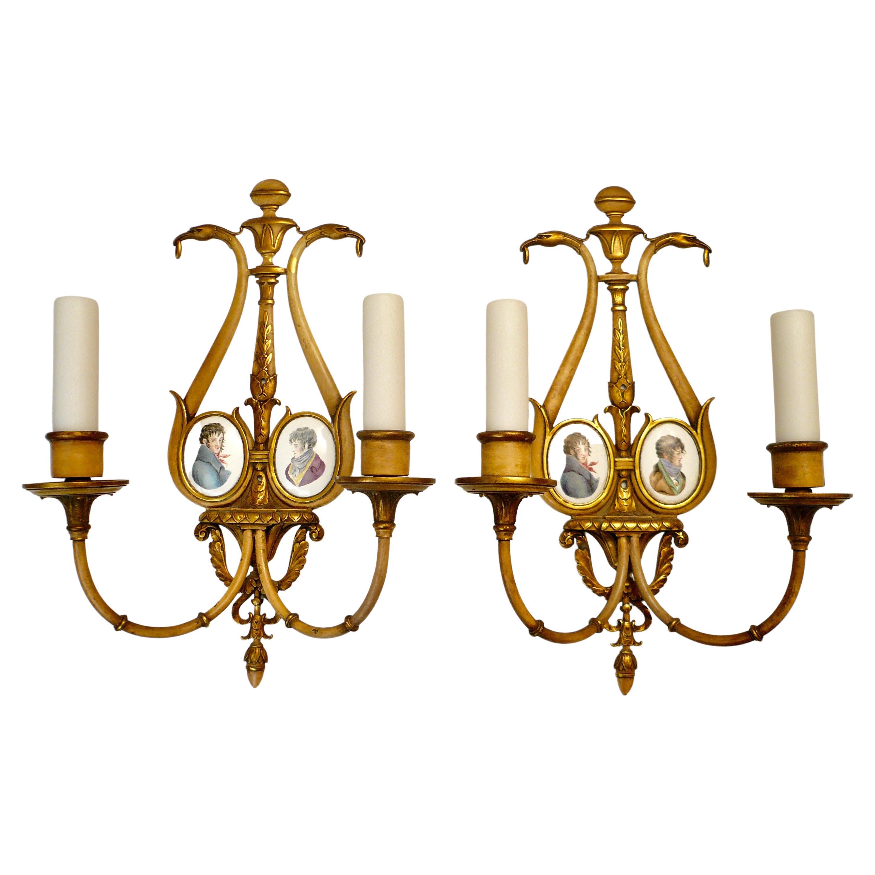 Pair Regency Style Bronze, Polychrome, and Battersea Enamel Sconces For Sale