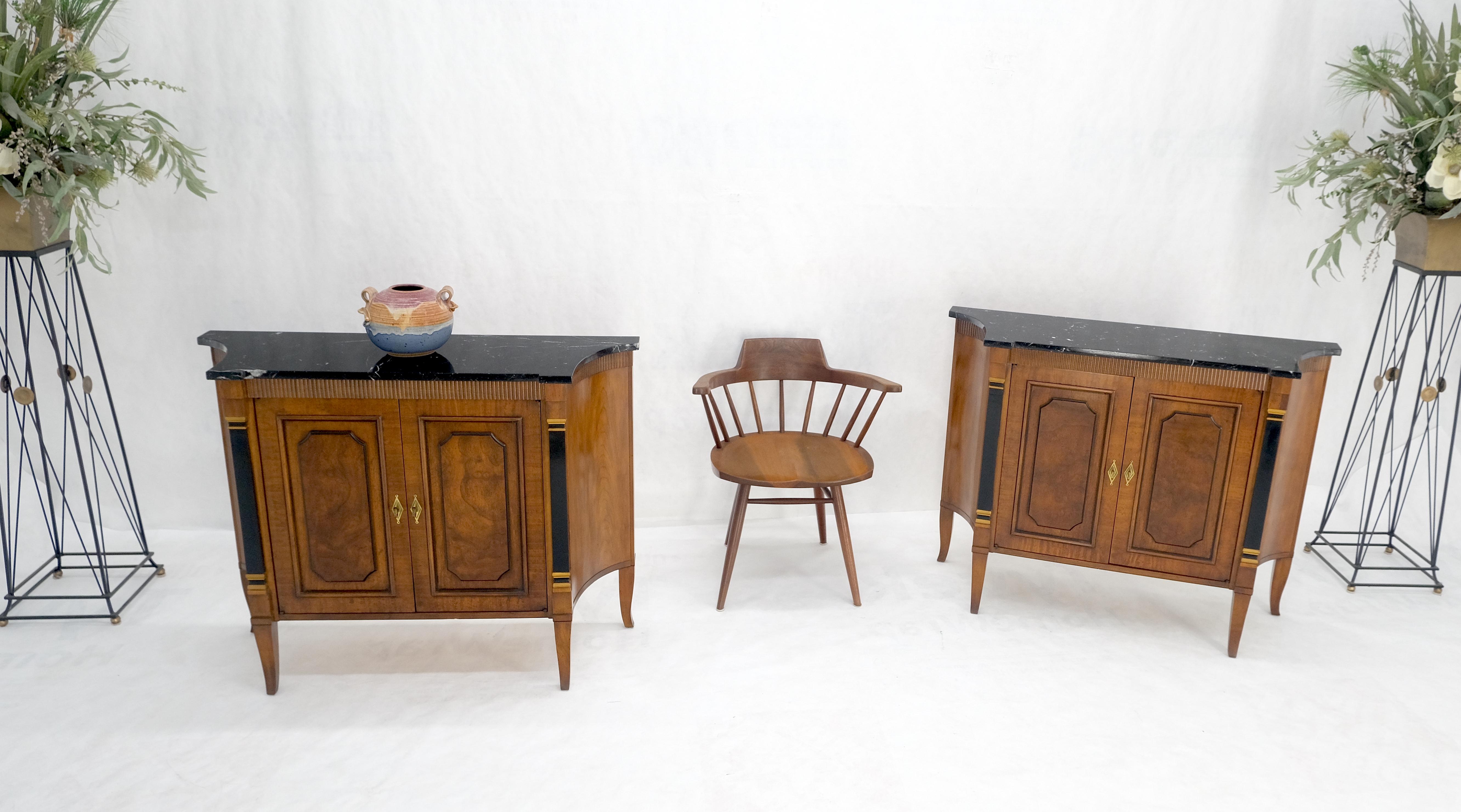 Pair Regency Style Burl Walnut Scallop Banding Black Marble Top Cabinet Credenza For Sale 3