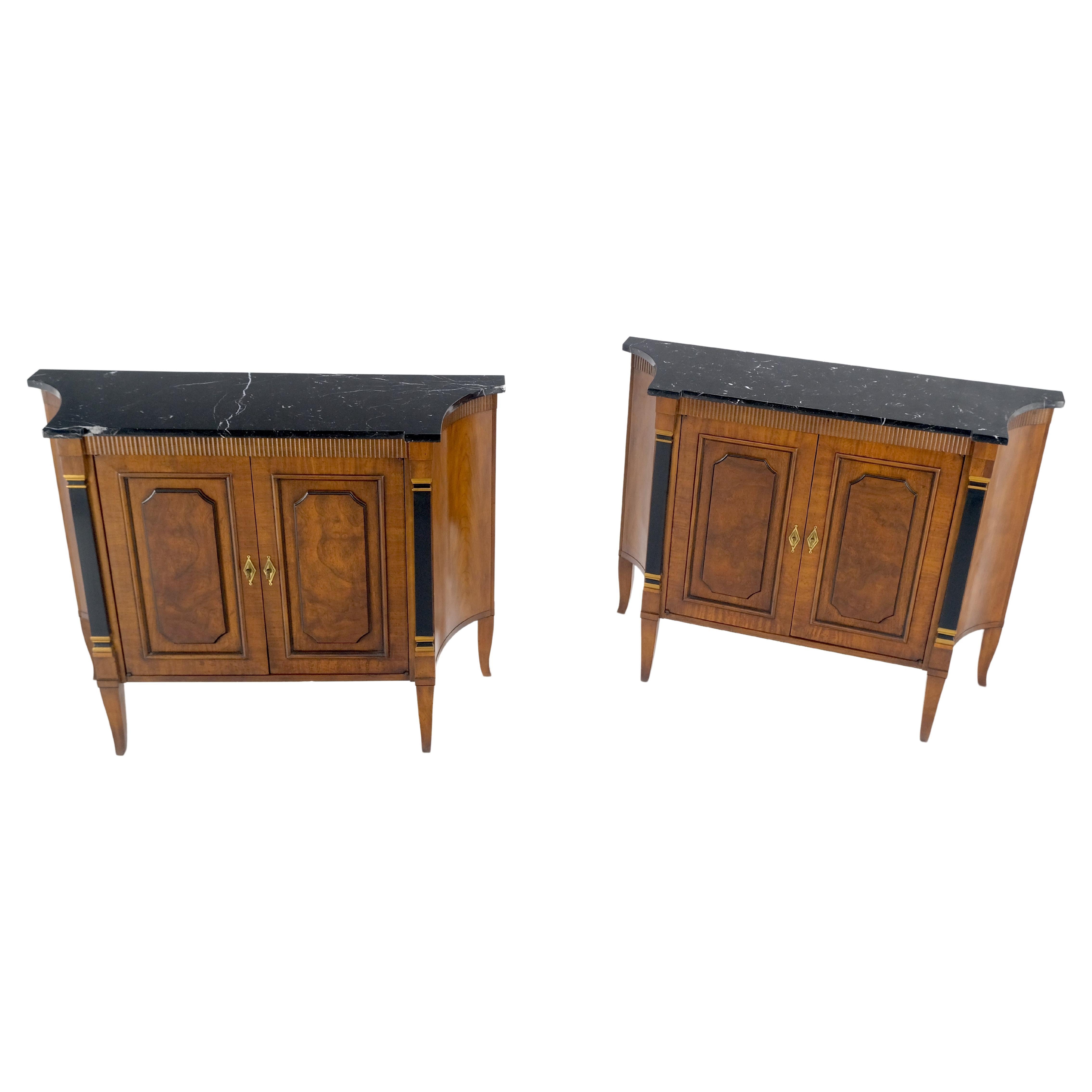Pair Regency Style Burl Walnut Scallop Banding Black Marble Top Cabinets Credenzas Servers Sideboards MINT!