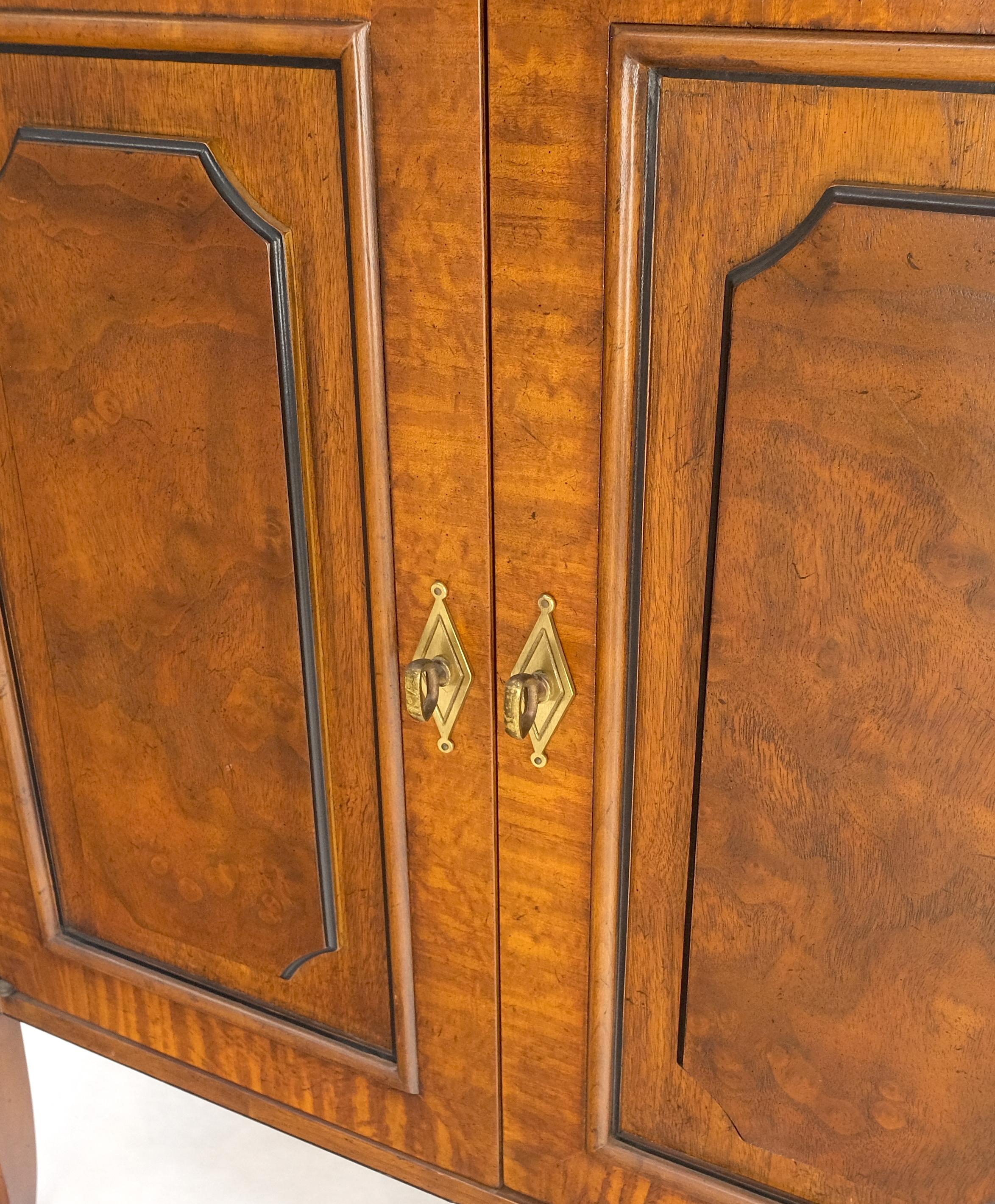 American Pair Regency Style Burl Walnut Scallop Banding Black Marble Top Cabinet Credenza For Sale